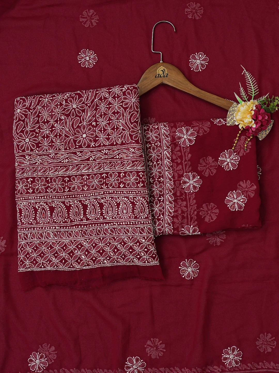 Ada Hand Embroidered Maroon Georgette Lucknowi Chikankari Unstitched Suit Piece With Cutdana Work 01A678994