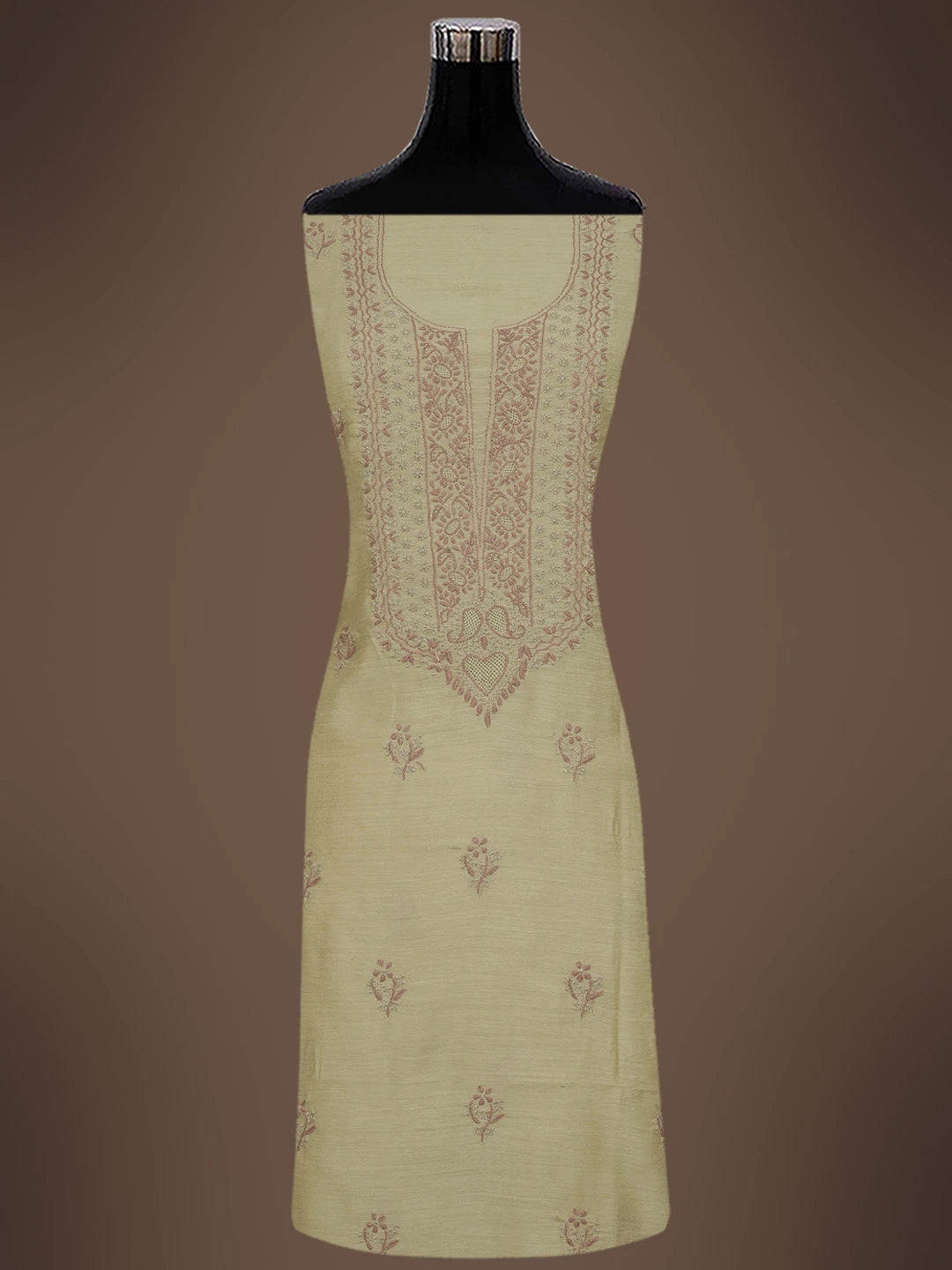 Ada Hand Embroidered Fawn Moonga Silk Lucknowi Chikankari Unstitched Kurta Dupatta Set 01A680320