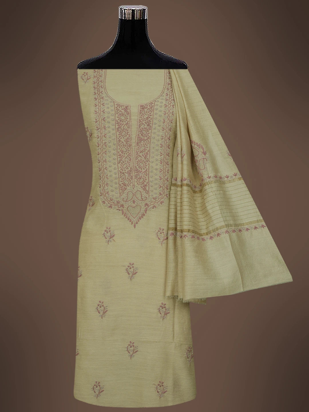 Ada Hand Embroidered Fawn Moonga Silk Lucknowi Chikankari Unstitched Kurta Dupatta Set 01A680320
