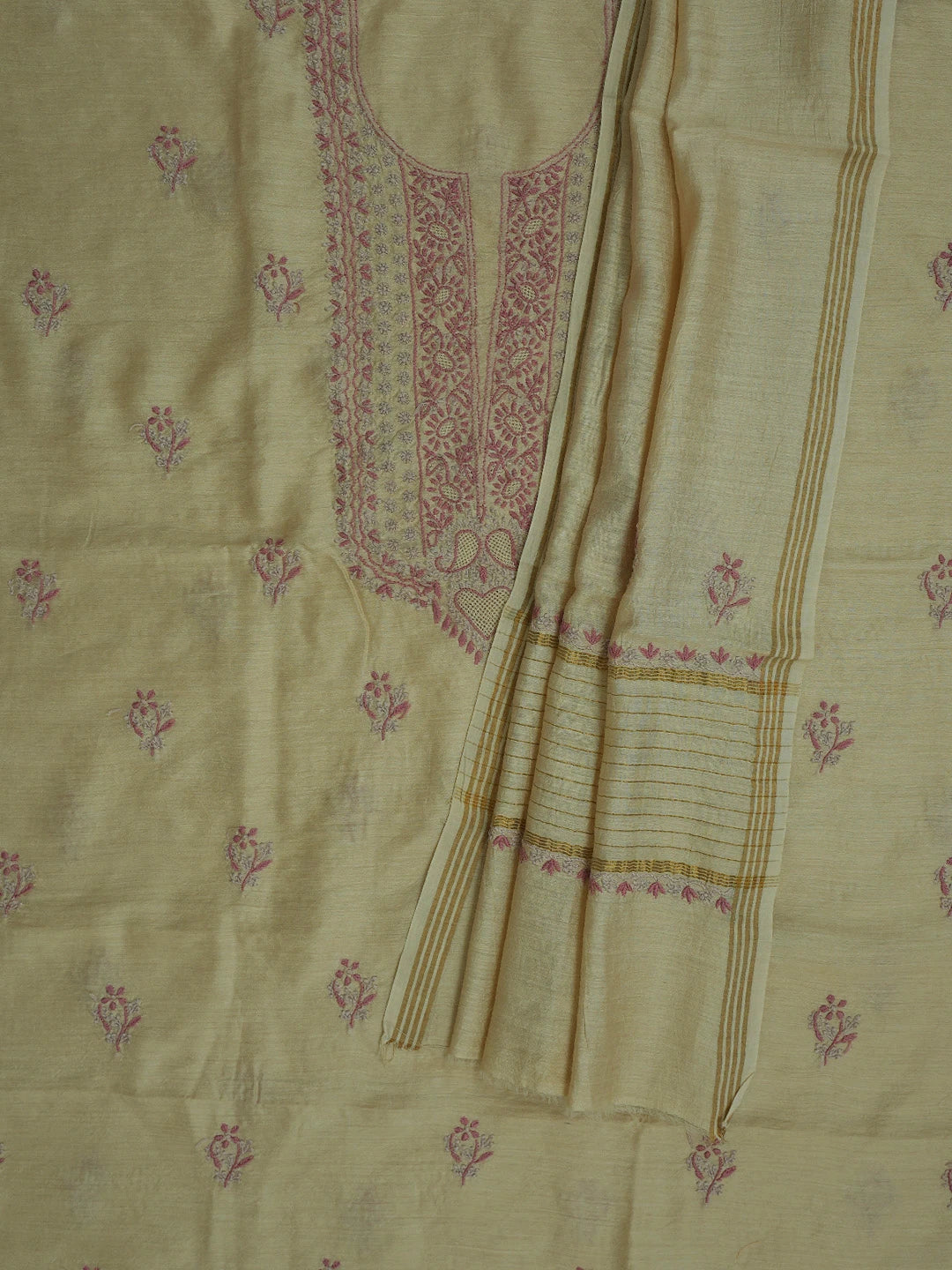 Ada Hand Embroidered Fawn Moonga Silk Lucknowi Chikankari Unstitched Kurta Dupatta Set 01A680320