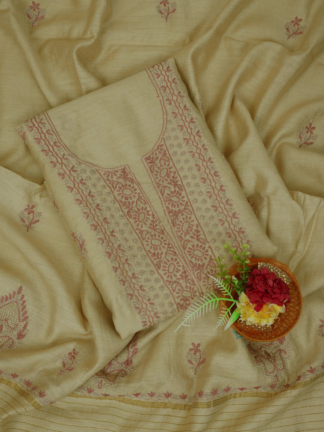 Ada Hand Embroidered Fawn Moonga Silk Lucknowi Chikankari Unstitched Kurta Dupatta Set 01A680320