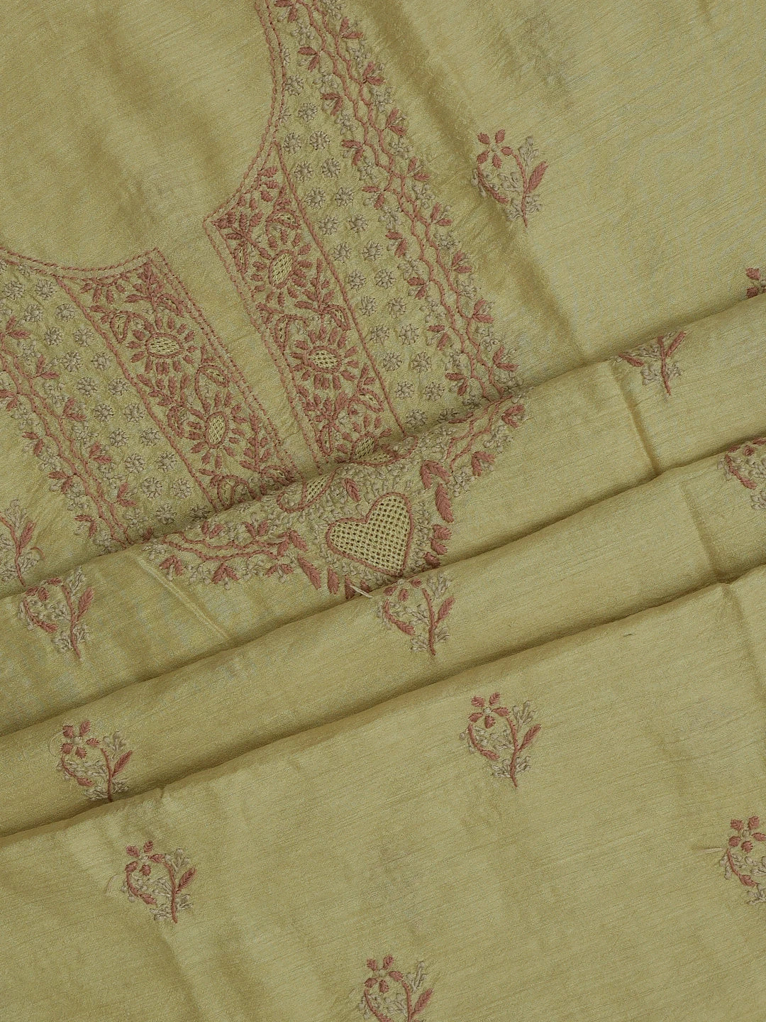 Ada Hand Embroidered Fawn Moonga Silk Lucknowi Chikankari Unstitched Kurta Dupatta Set 01A680320