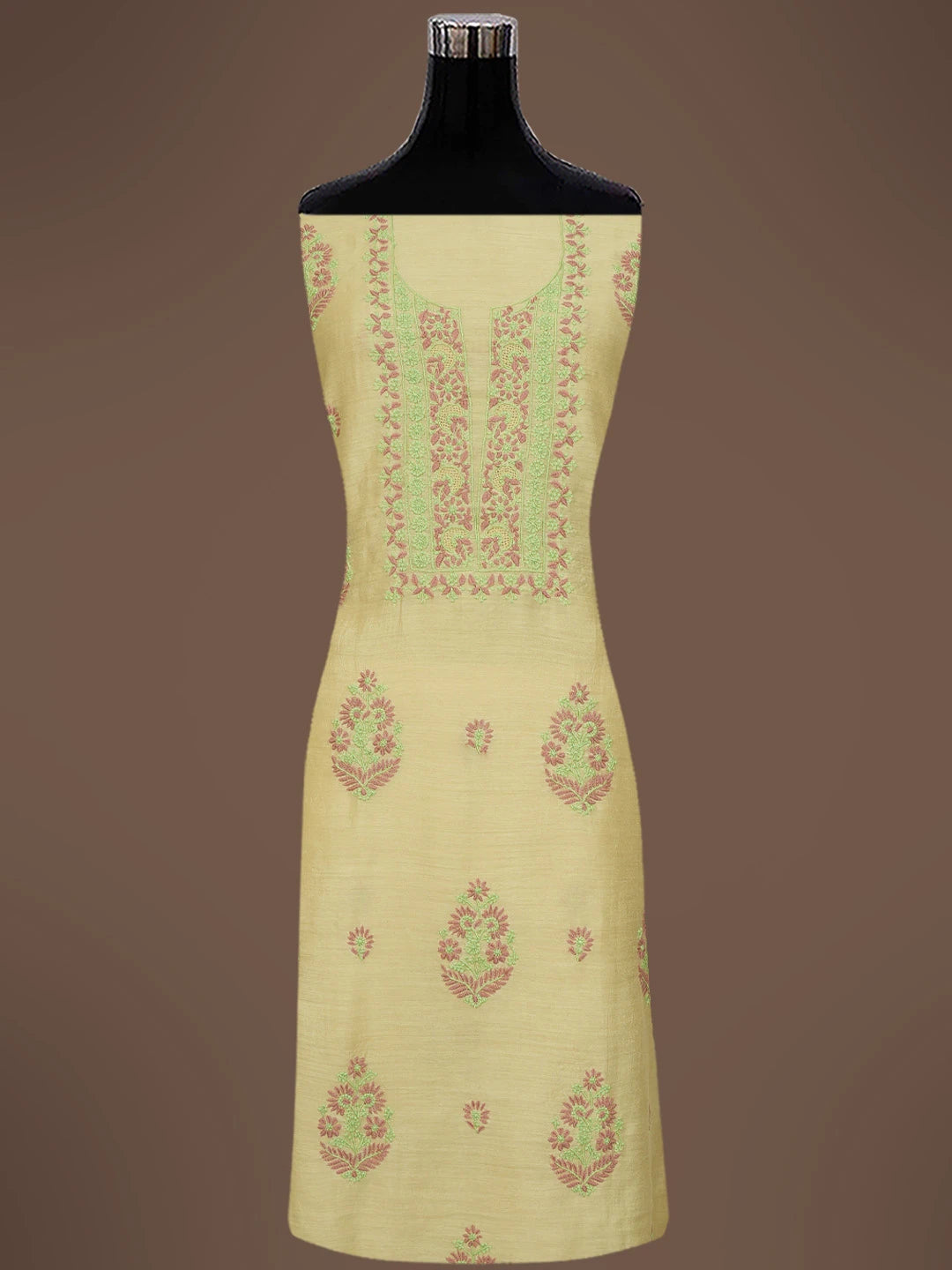 Ada Hand Embroidered Fawn Moonga Silk Lucknowi Chikankari Unstitched Kurta Dupatta Set 01A698621
