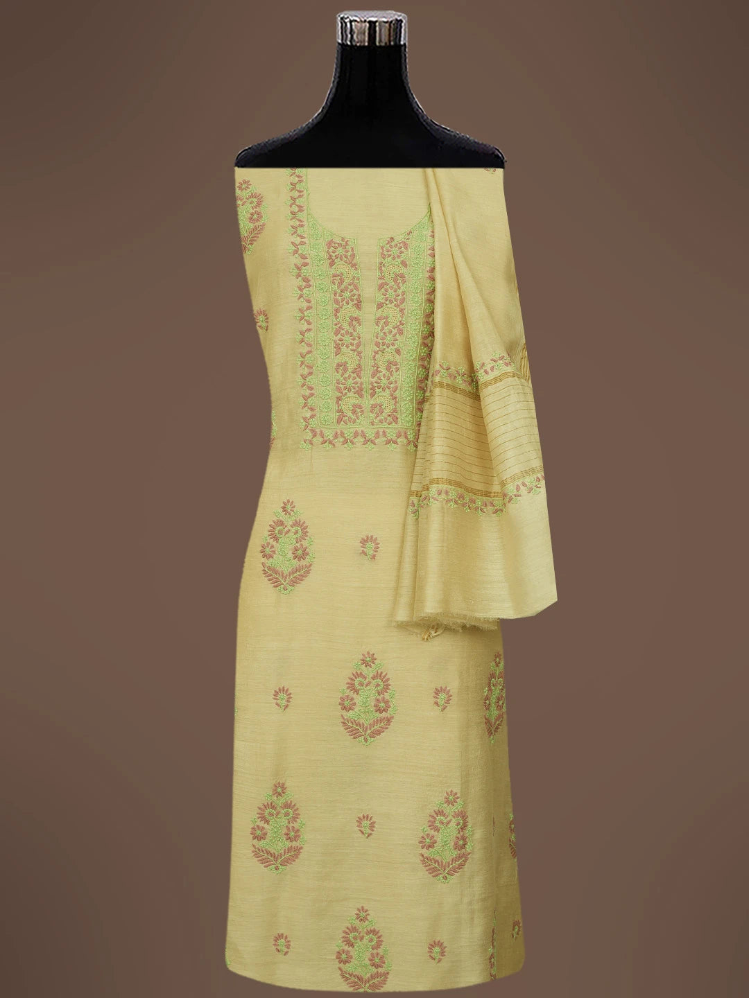 Ada Hand Embroidered Fawn Moonga Silk Lucknowi Chikankari Unstitched Kurta Dupatta Set 01A698621
