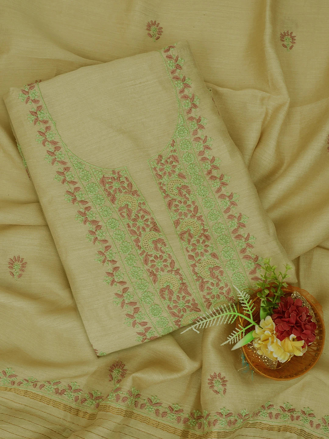 Ada Hand Embroidered Fawn Moonga Silk Lucknowi Chikankari Unstitched Kurta Dupatta Set 01A698621