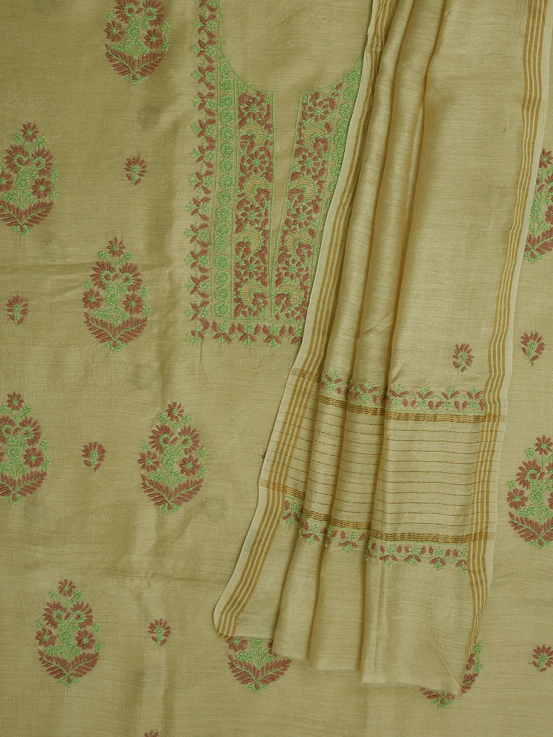Ada Hand Embroidered Fawn Moonga Silk Lucknowi Chikankari Unstitched Kurta Dupatta Set 01A698621