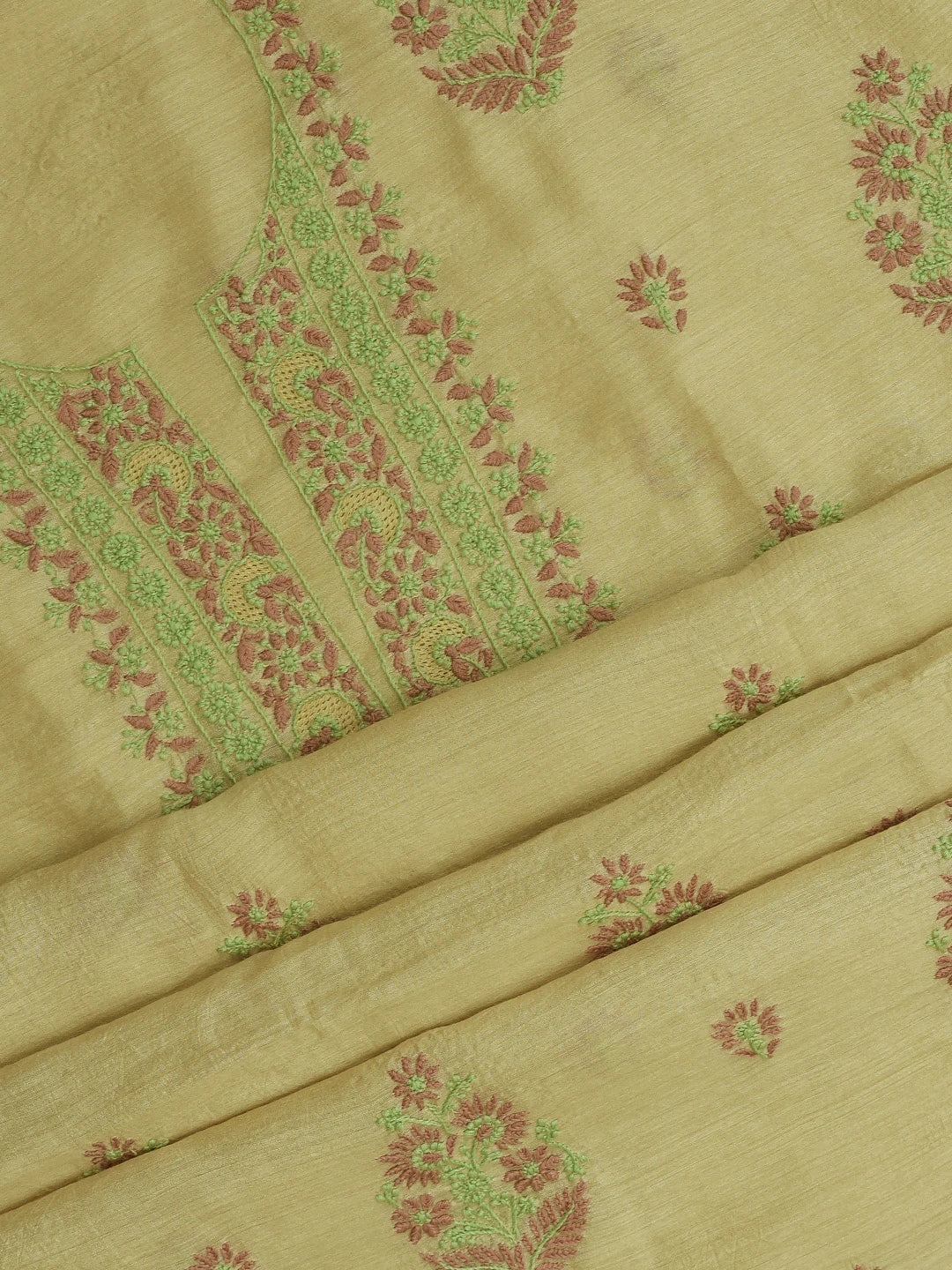 Ada Hand Embroidered Fawn Moonga Silk Lucknowi Chikankari Unstitched Kurta Dupatta Set 01A698621