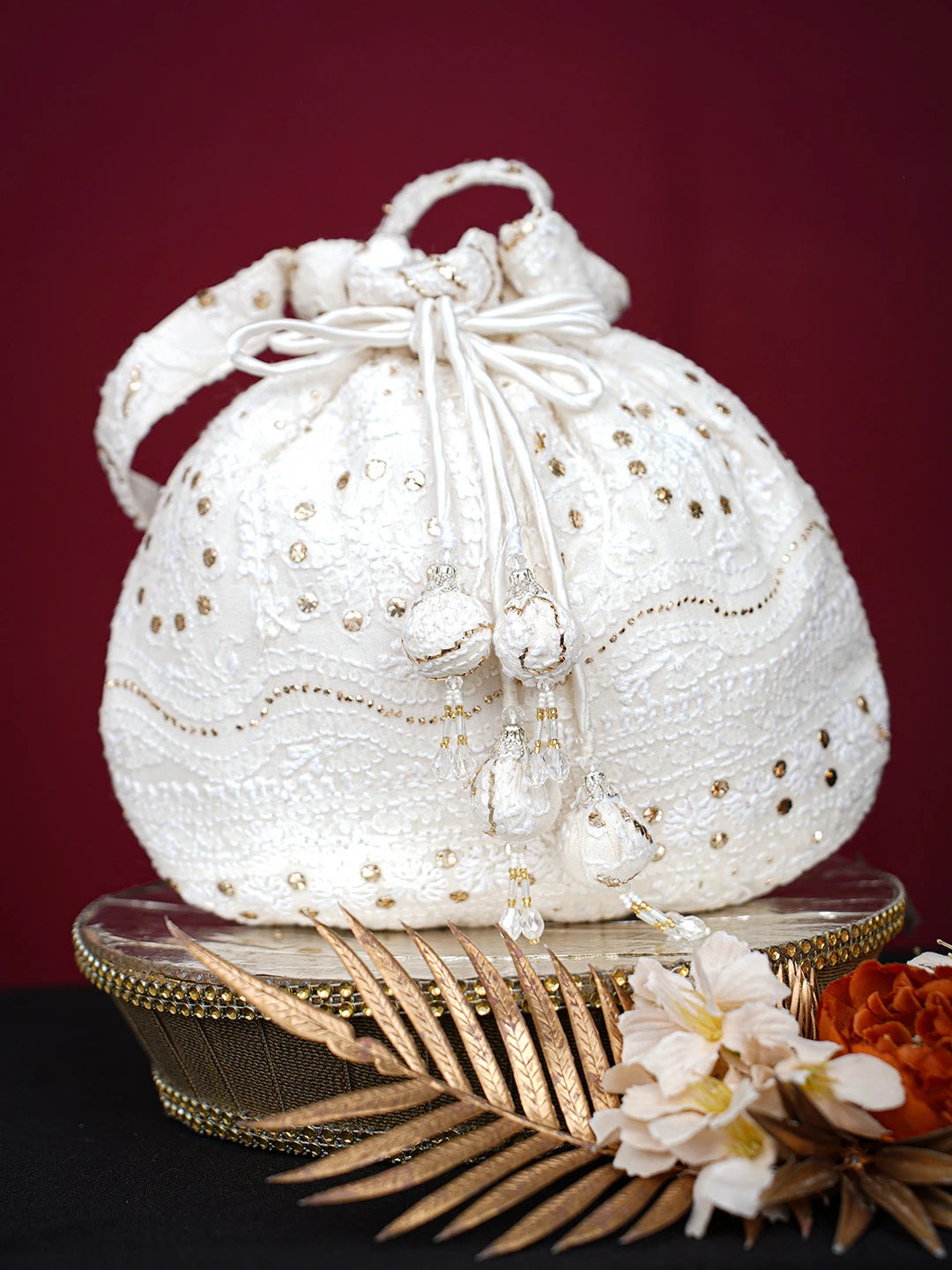 Ada Hand Embroidered White Viscose Georgette Lucknowi Chikankari Potli Bag With Mukaish Work 01A728860