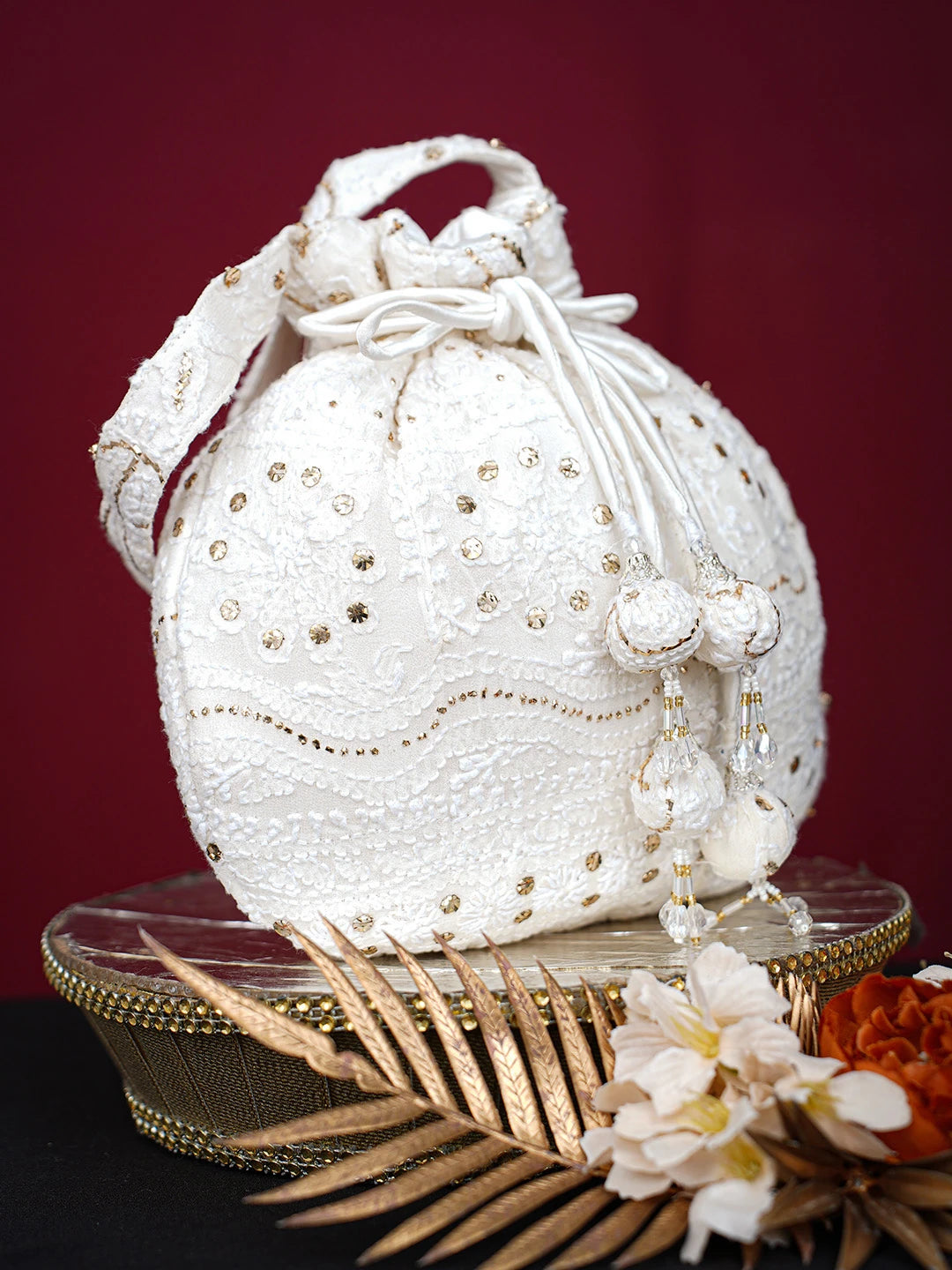 Ada Hand Embroidered White Viscose Georgette Lucknowi Chikankari Potli Bag With Mukaish Work 01A728860