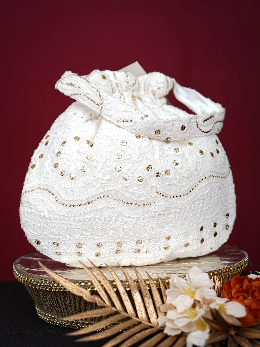 Ada Hand Embroidered White Viscose Georgette Lucknowi Chikankari Potli Bag With Mukaish Work 01A728860
