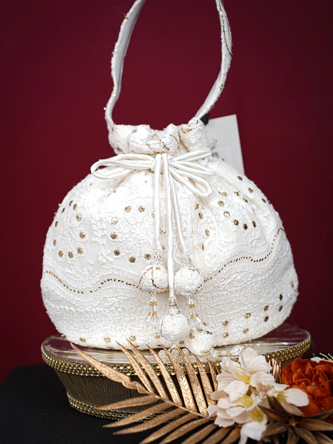 Ada Hand Embroidered White Viscose Georgette Lucknowi Chikankari Potli Bag With Mukaish Work 01A728860