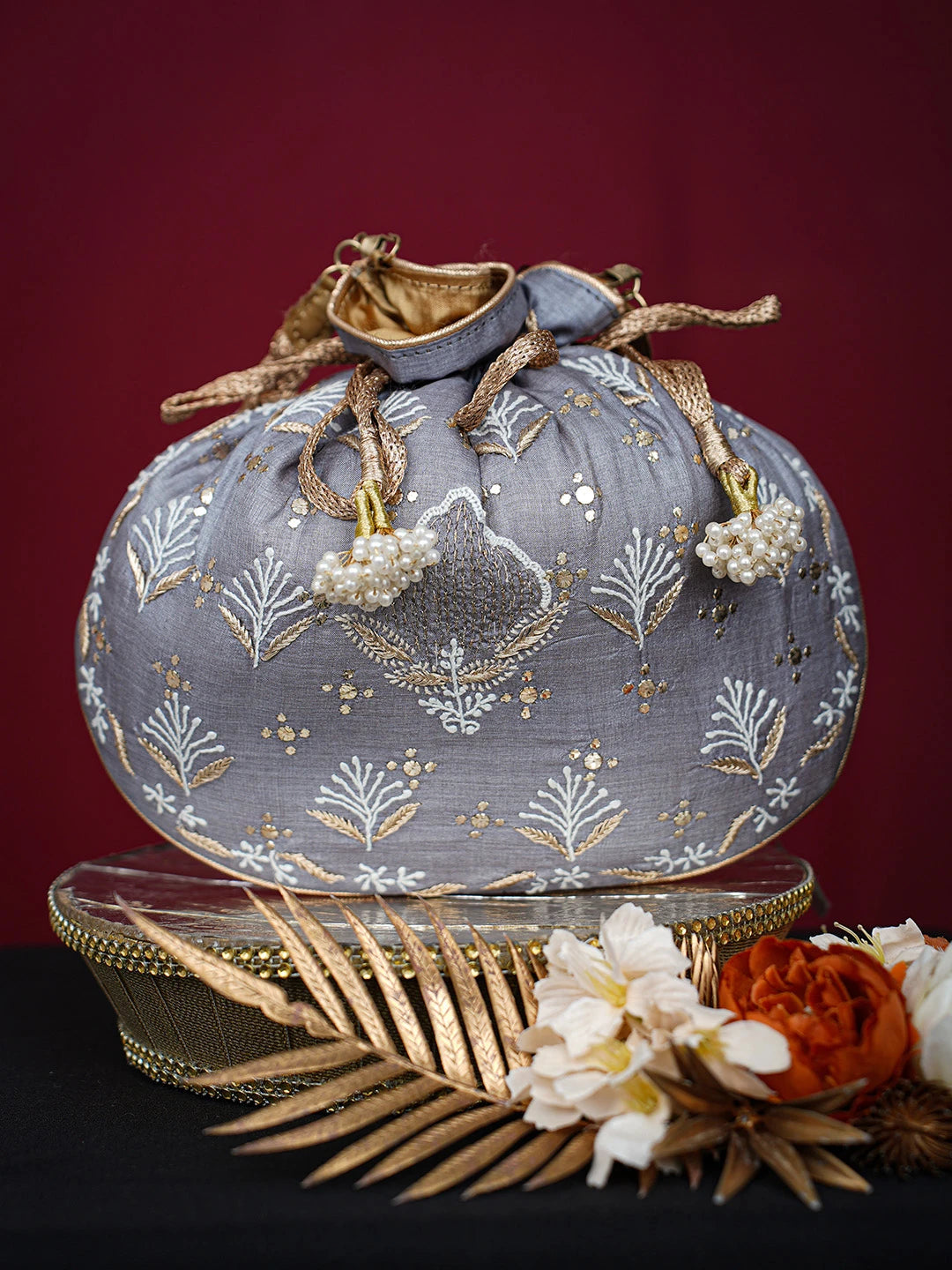 Ada Hand Embroidered Grey Silk Lucknowi Chikankari Potli Bag With Mukaish Work 01A718958