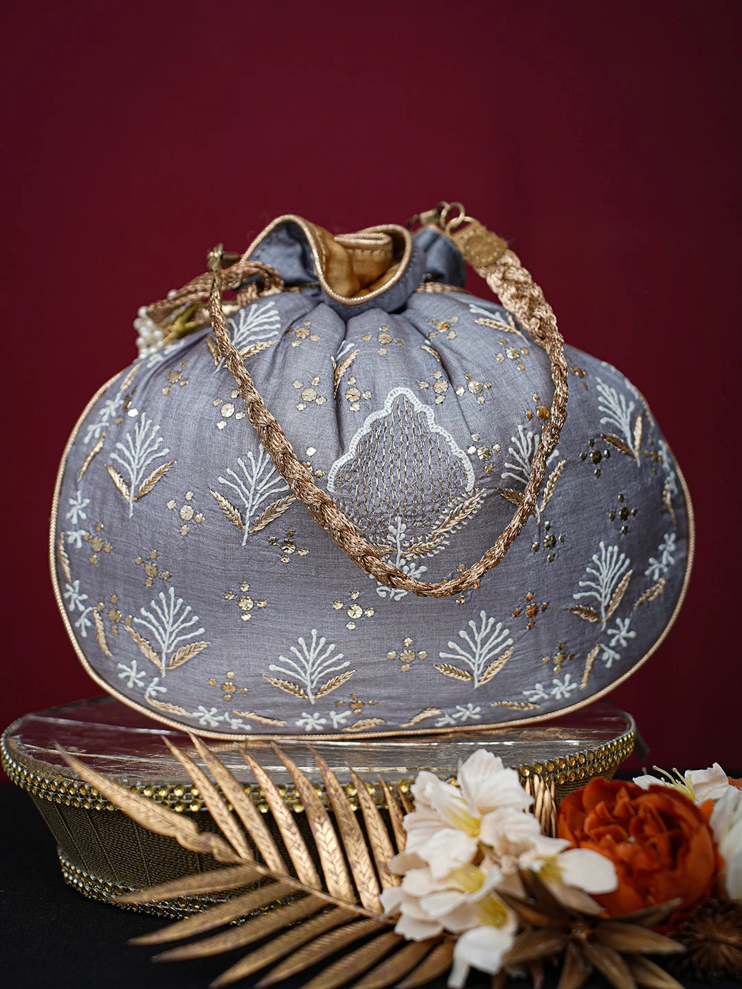 Ada Hand Embroidered Grey Silk Lucknowi Chikankari Potli Bag With Mukaish Work 01A718958