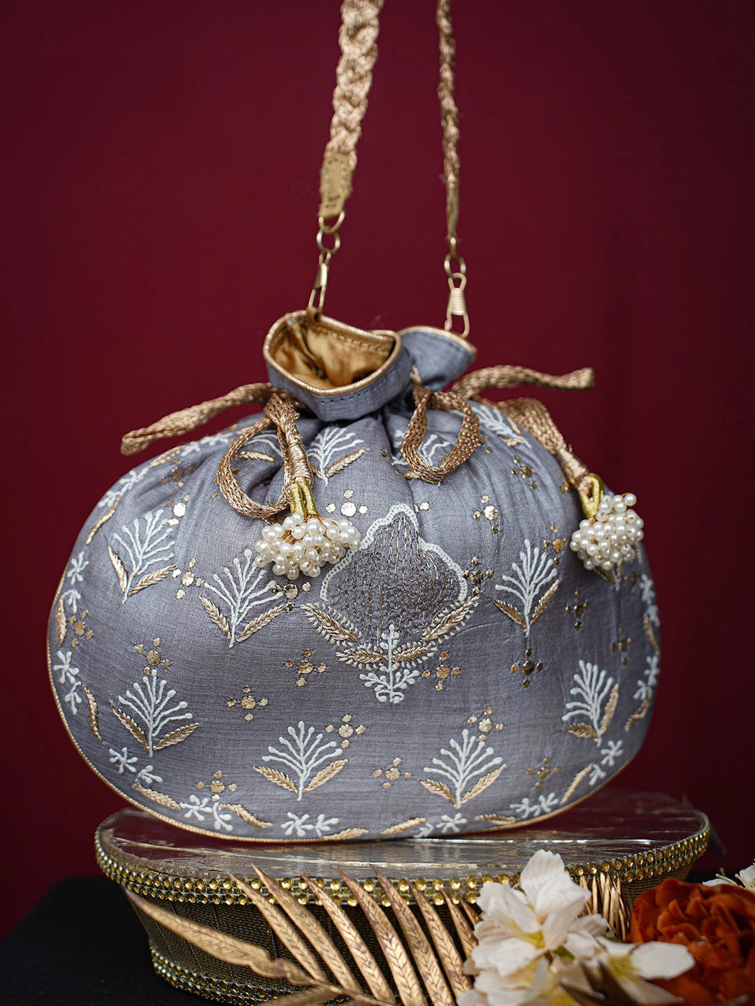 Ada Hand Embroidered Grey Silk Lucknowi Chikankari Potli Bag With Mukaish Work 01A718958