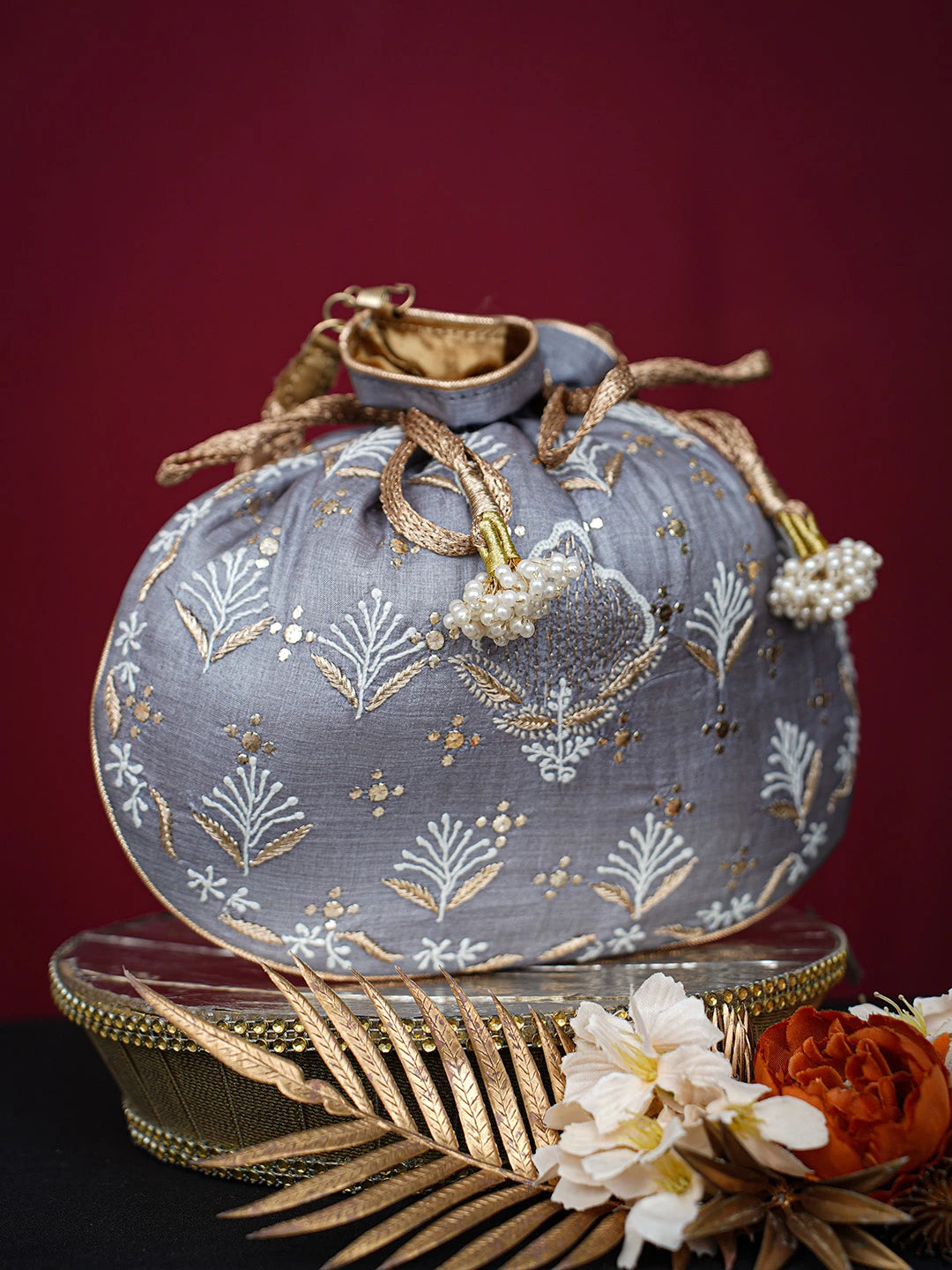 Ada Hand Embroidered Grey Silk Lucknowi Chikankari Potli Bag With Mukaish Work 01A718958