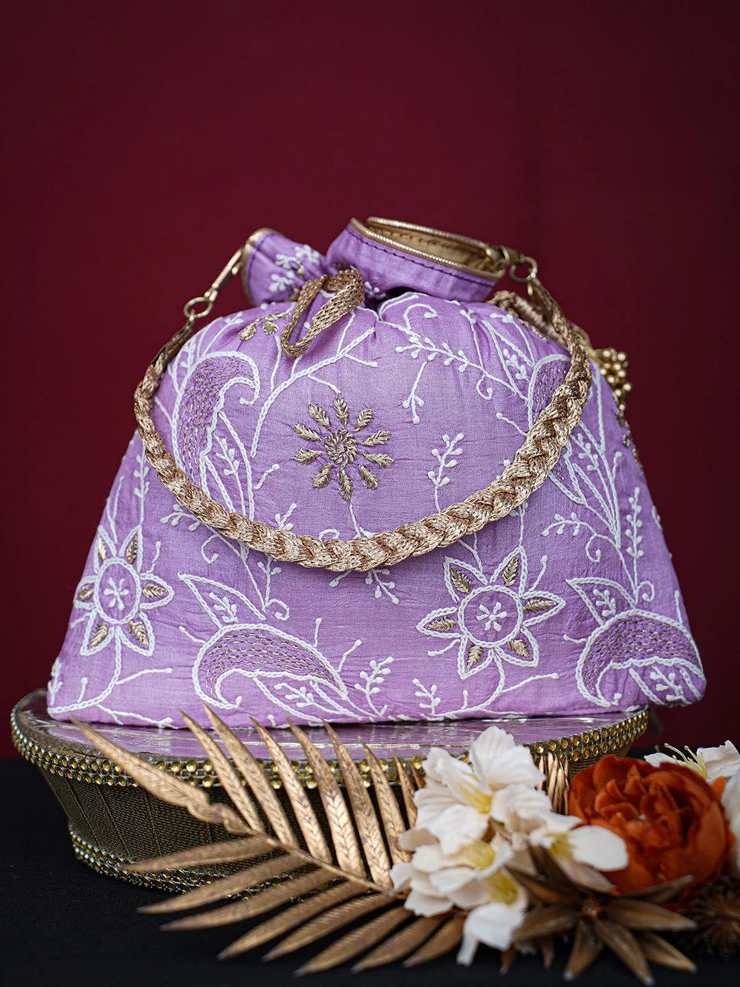 Ada Hand Embroidered Lavender Silk Lucknowi Chikankari Potli Bag With Zari Work 01A718940