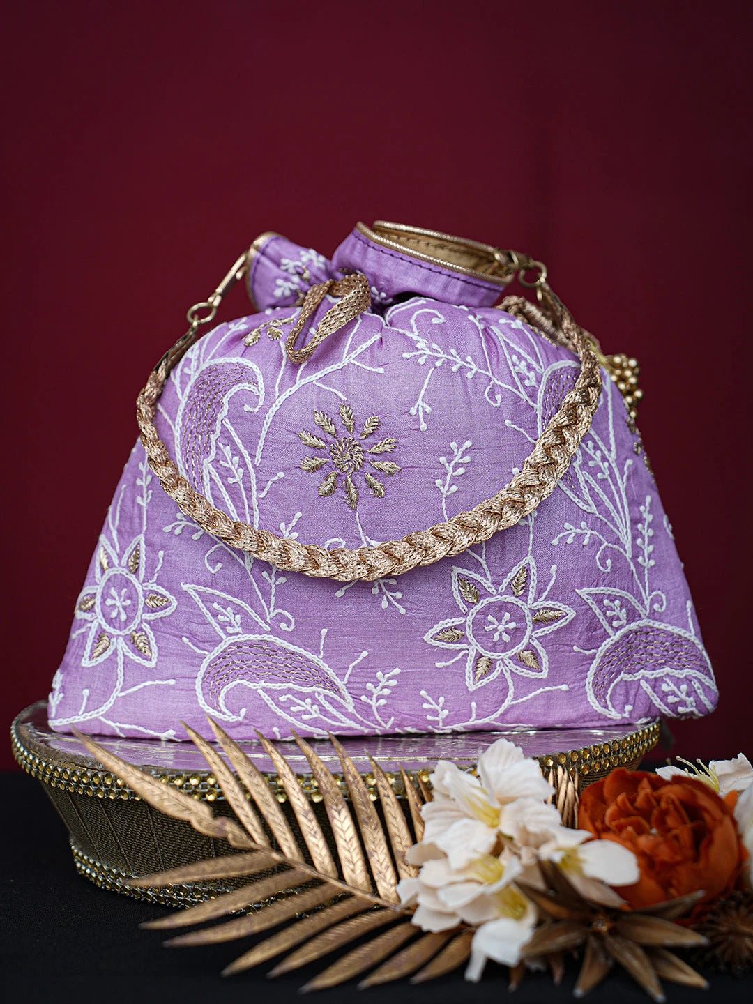 Ada Hand Embroidered Lavender Silk Lucknowi Chikankari Potli Bag With Zari Work 01A718940