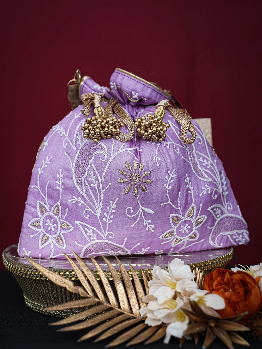 Ada Hand Embroidered Lavender Silk Lucknowi Chikankari Potli Bag With Zari Work 01A718940