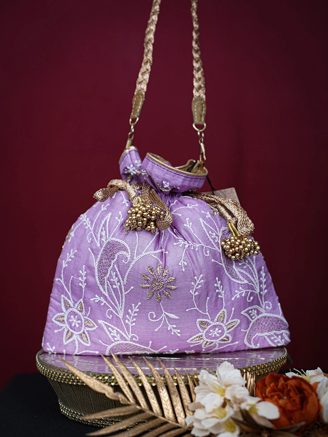 Ada Hand Embroidered Lavender Silk Lucknowi Chikankari Potli Bag With Zari Work 01A718940