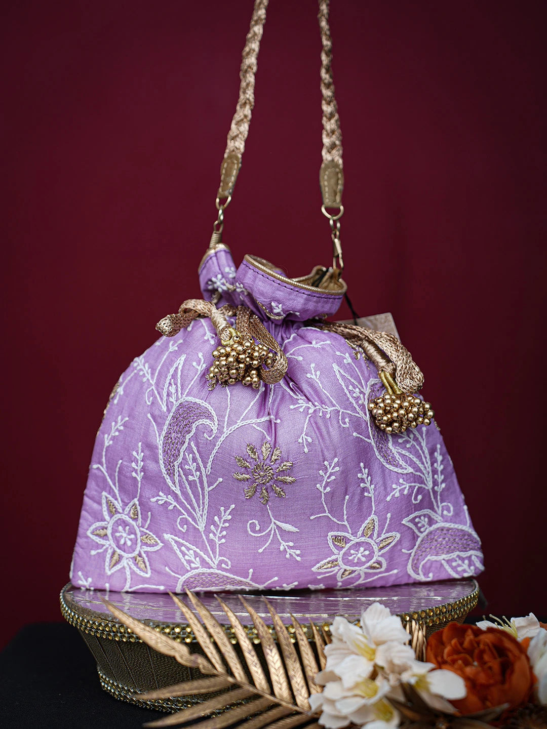 Ada Hand Embroidered Lavender Silk Lucknowi Chikankari Potli Bag With Zari Work 01A718940