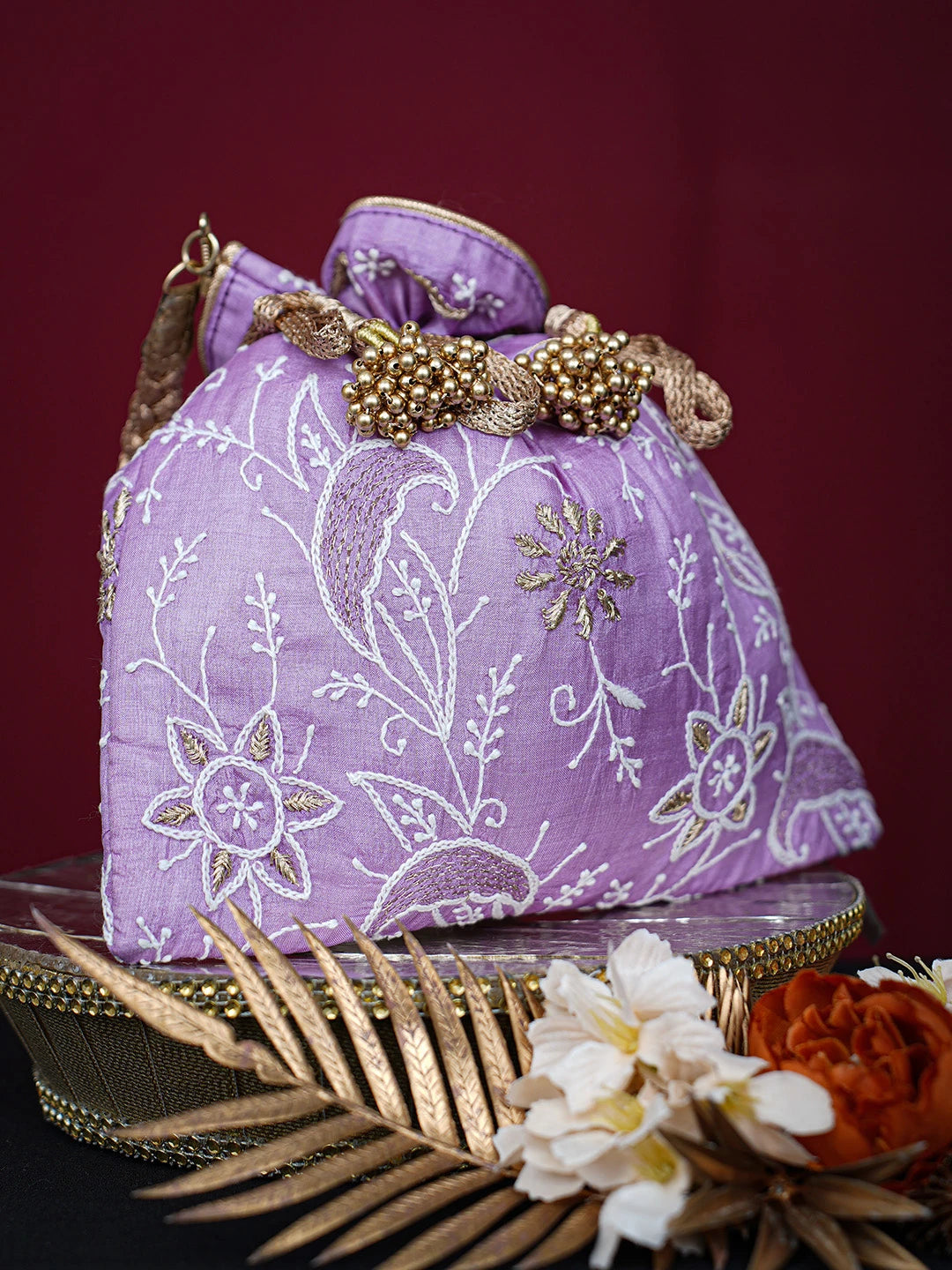 Ada Hand Embroidered Lavender Silk Lucknowi Chikankari Potli Bag With Zari Work 01A718940