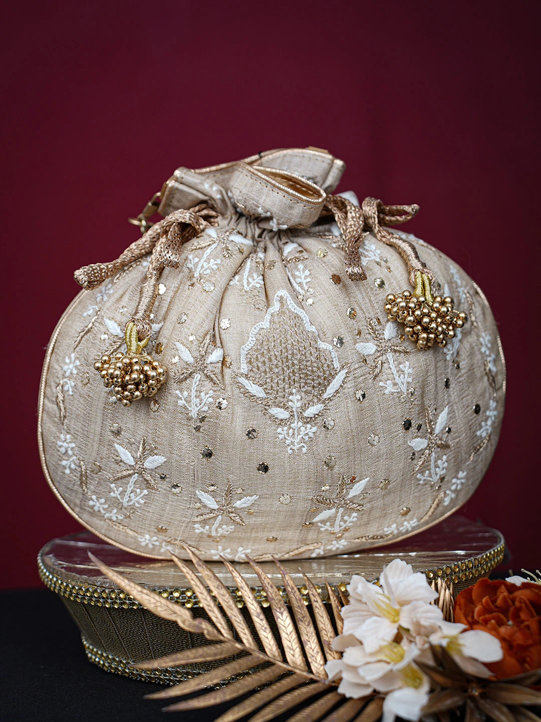 Ada Hand Embroidered Fawn Silk Lucknowi Chikankari Potli Bag With Mukaish Work 01A718957