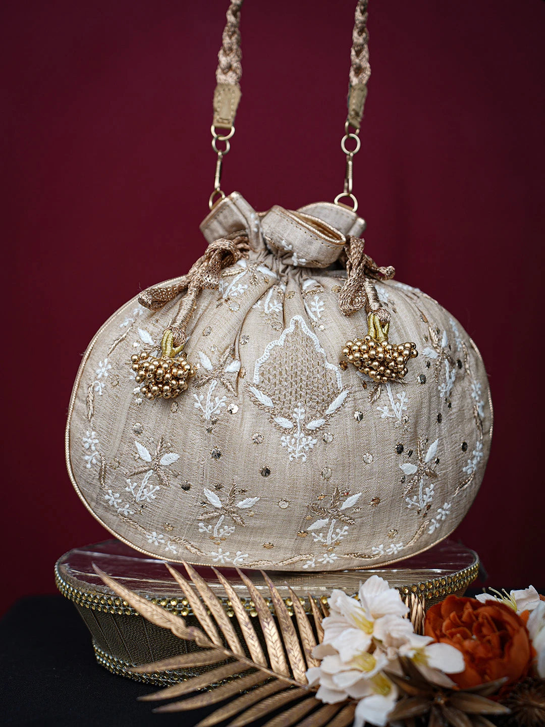 Ada Hand Embroidered Fawn Silk Lucknowi Chikankari Potli Bag With Mukaish Work 01A718957