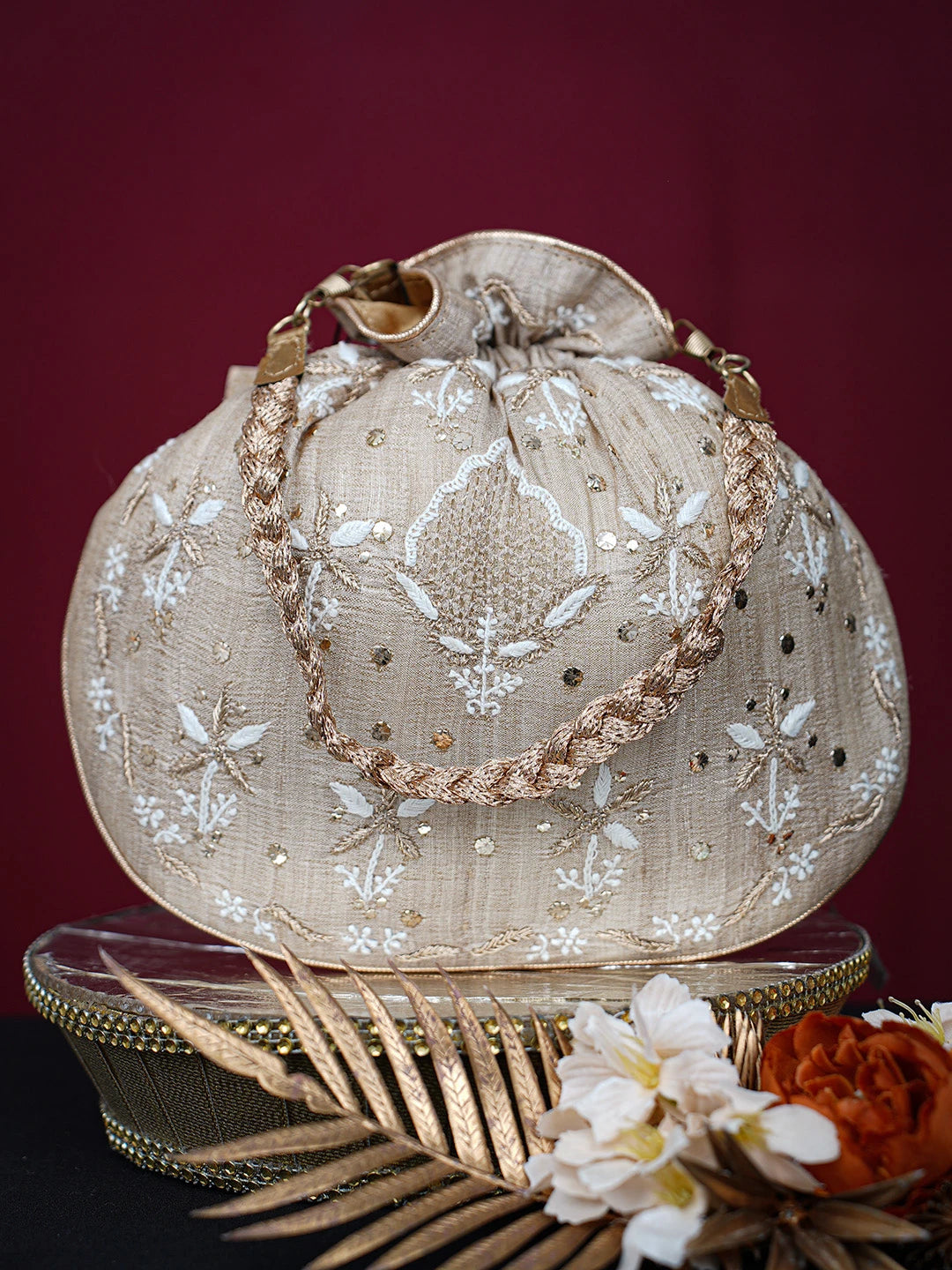 Ada Hand Embroidered Fawn Silk Lucknowi Chikankari Potli Bag With Mukaish Work 01A718957