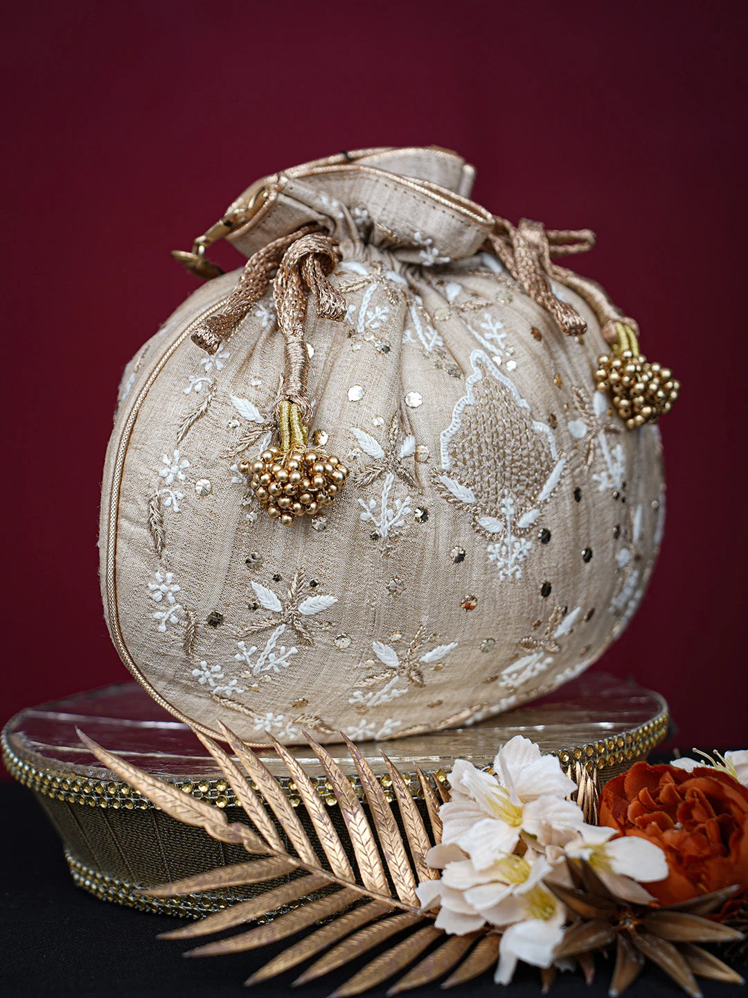 Ada Hand Embroidered Fawn Silk Lucknowi Chikankari Potli Bag With Mukaish Work 01A718957