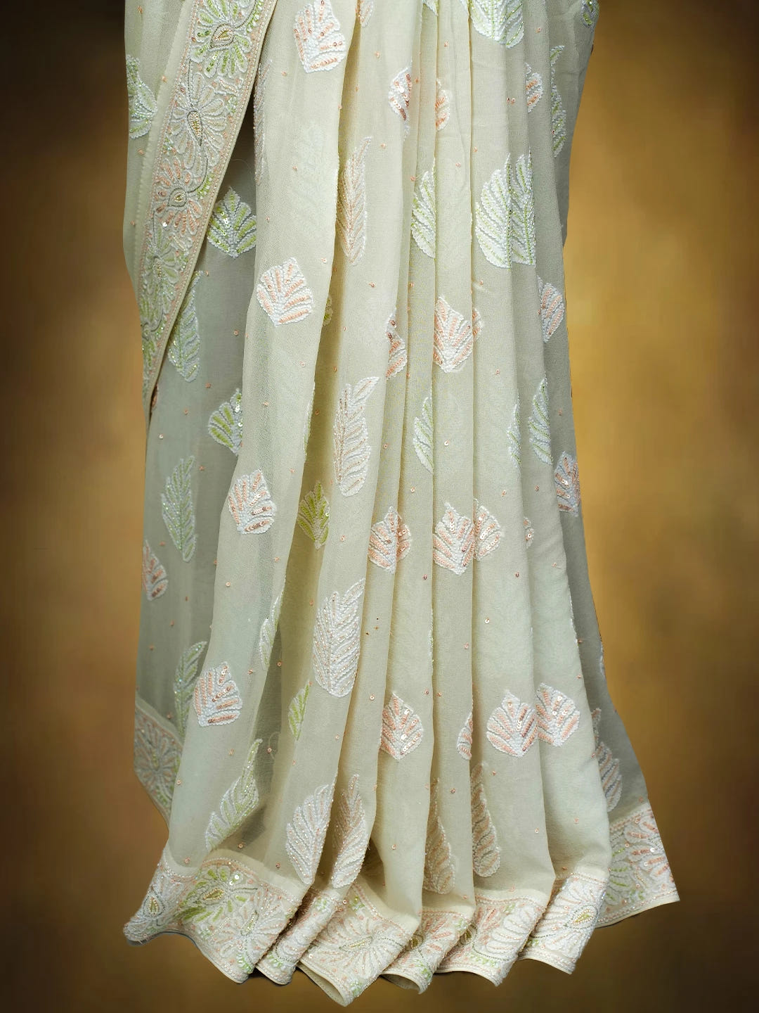 Ada Hand Embroidered White Pure Georgette Lucknowi Chikankari Saree and Blouse With Cutdana Work 01A516769