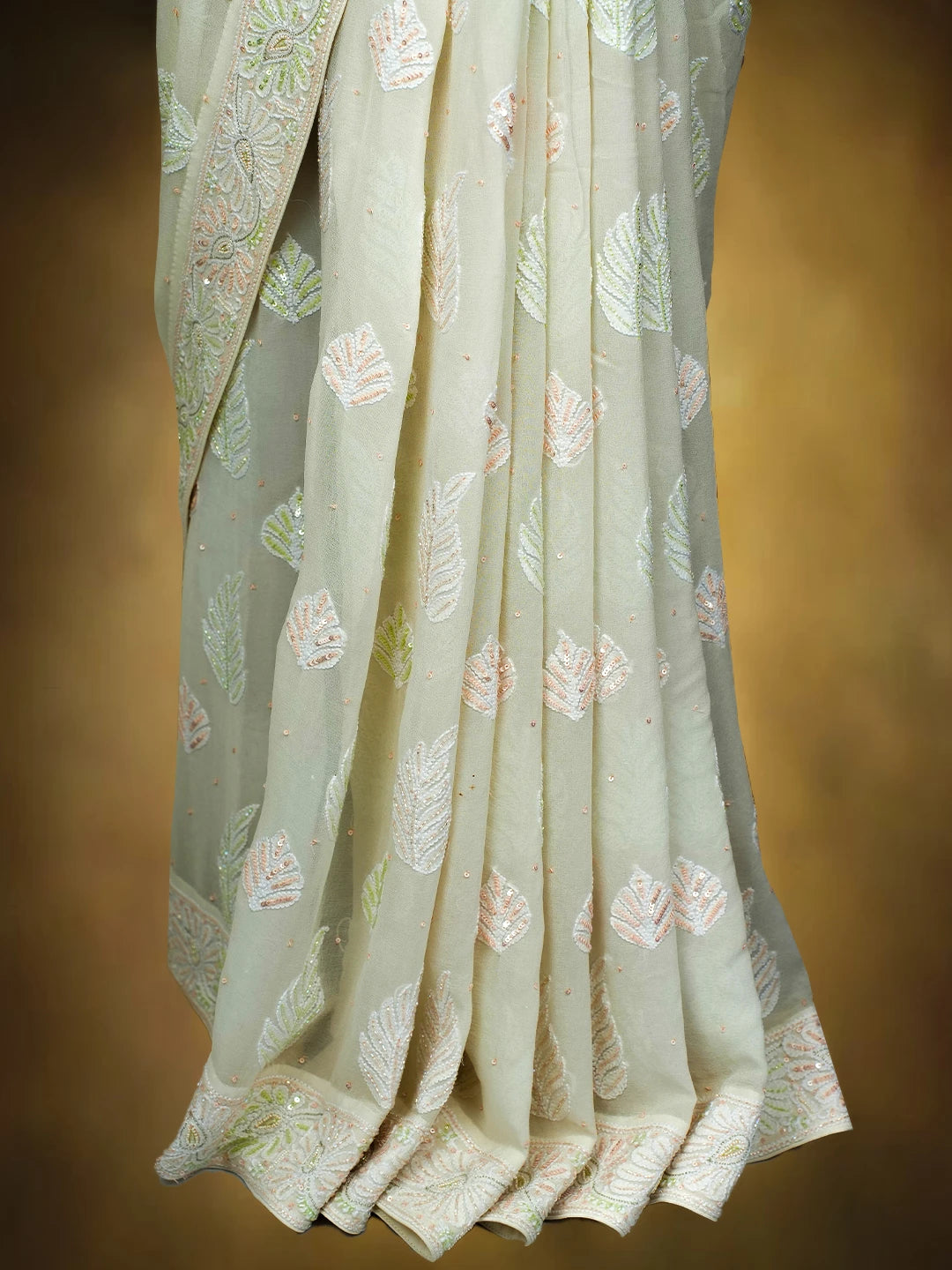 Ada Hand Embroidered White Pure Georgette Lucknowi Chikankari Saree and Blouse With Cutdana Work 01A516769