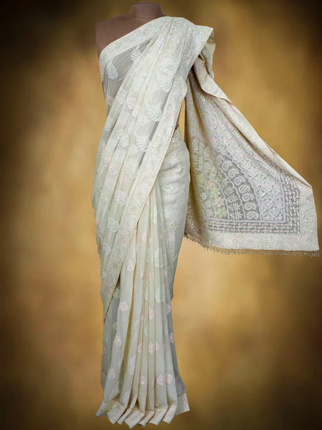 Ada Hand Embroidered White Pure Georgette Lucknowi Chikankari Saree and Blouse With Cutdana Work 01A516769