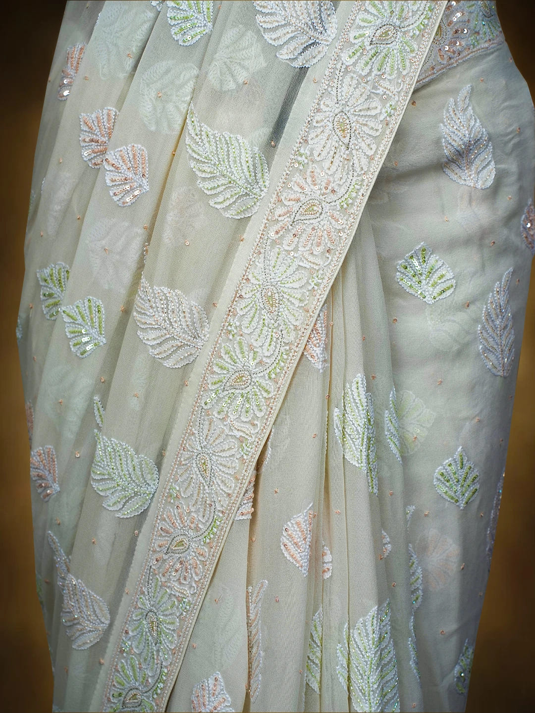 Ada Hand Embroidered White Pure Georgette Lucknowi Chikankari Saree and Blouse With Cutdana Work 01A516769