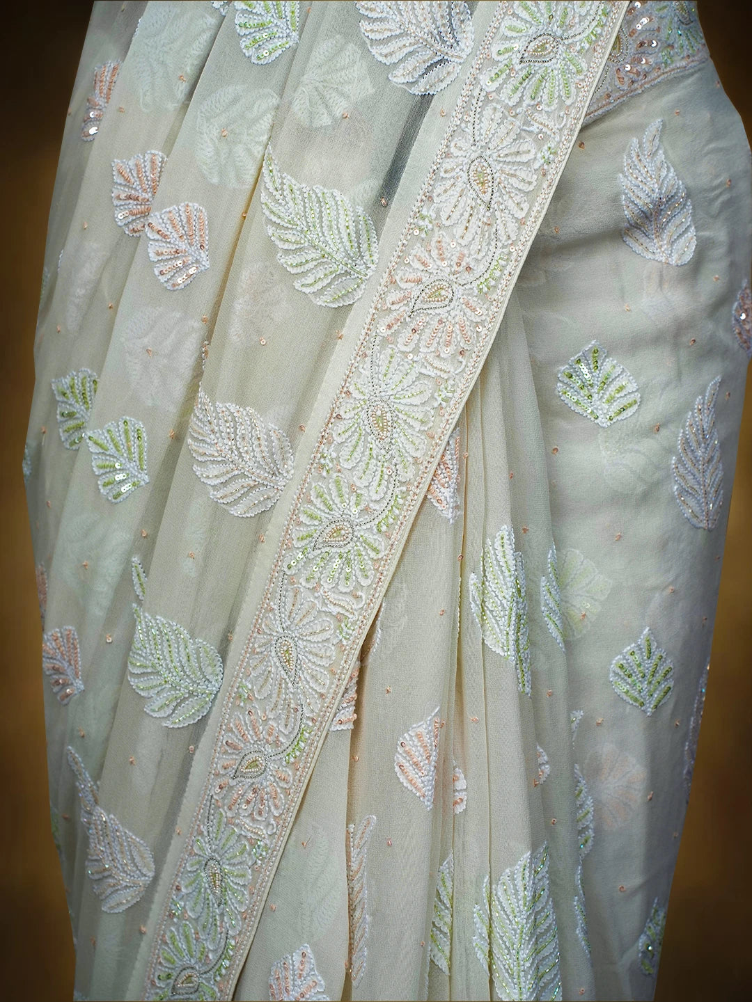 Ada Hand Embroidered White Pure Georgette Lucknowi Chikankari Saree and Blouse With Cutdana Work 01A516769