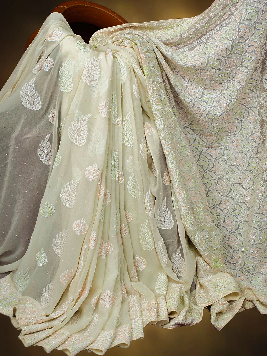 Ada Hand Embroidered White Pure Georgette Lucknowi Chikankari Saree and Blouse With Cutdana Work 01A516769