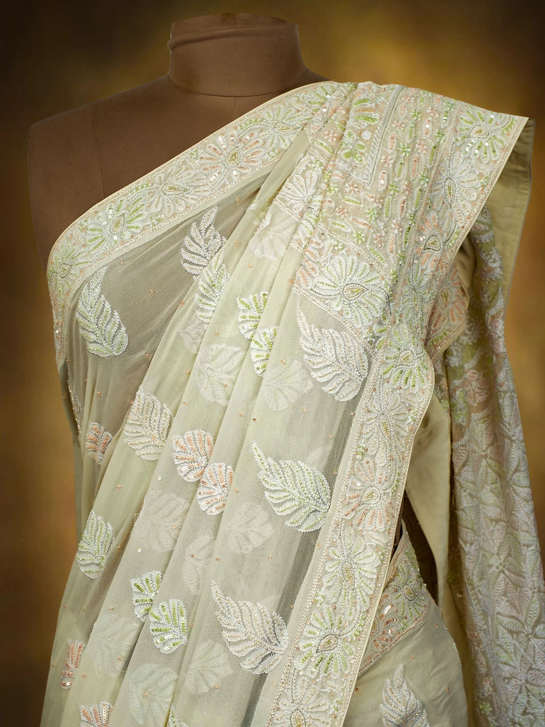 Ada Hand Embroidered White Pure Georgette Lucknowi Chikankari Saree and Blouse With Cutdana Work 01A516769