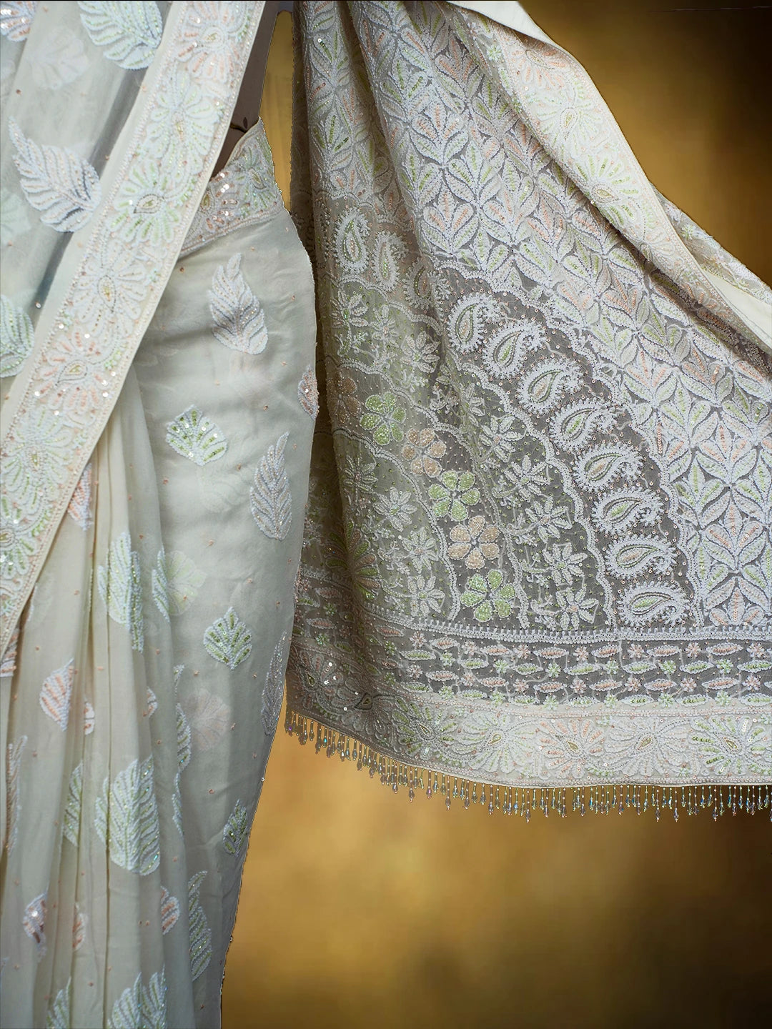 Ada Hand Embroidered White Pure Georgette Lucknowi Chikankari Saree and Blouse With Cutdana Work 01A516769