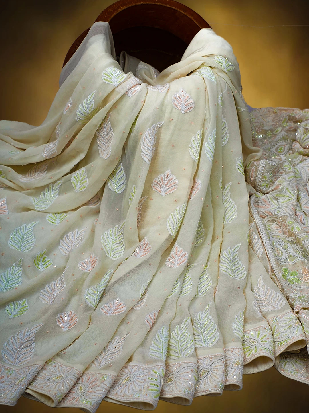 Ada Hand Embroidered White Pure Georgette Lucknowi Chikankari Saree and Blouse With Cutdana Work 01A516769