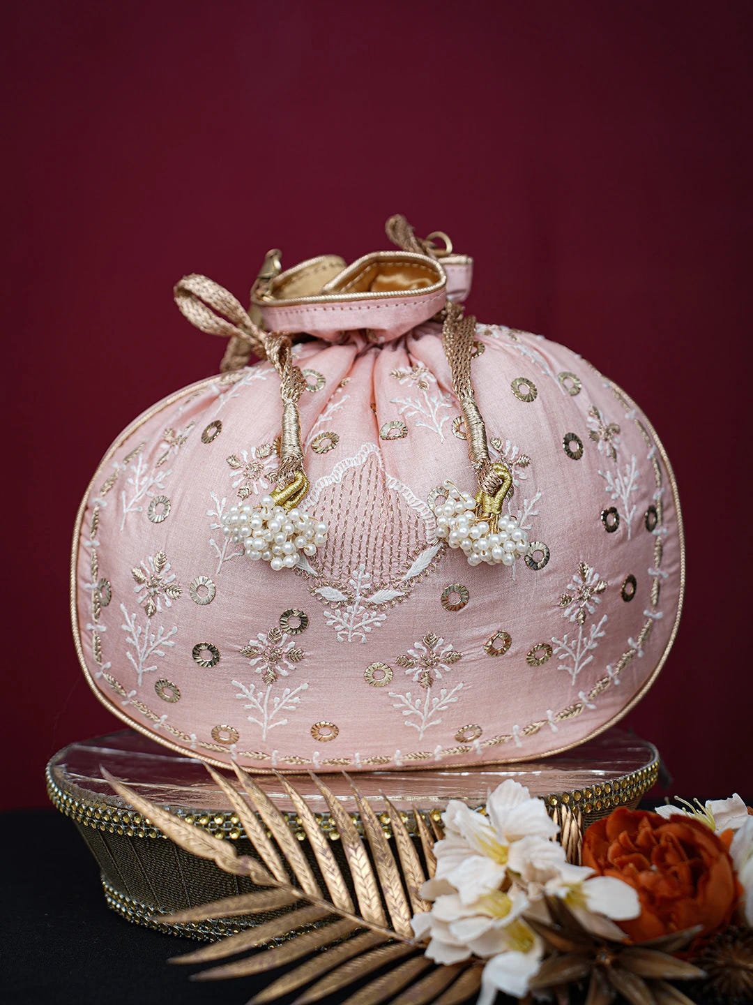 Ada Hand Embroidered Peach Silk Lucknowi Chikankari Potli Bag With Mukaish Work 01A725582