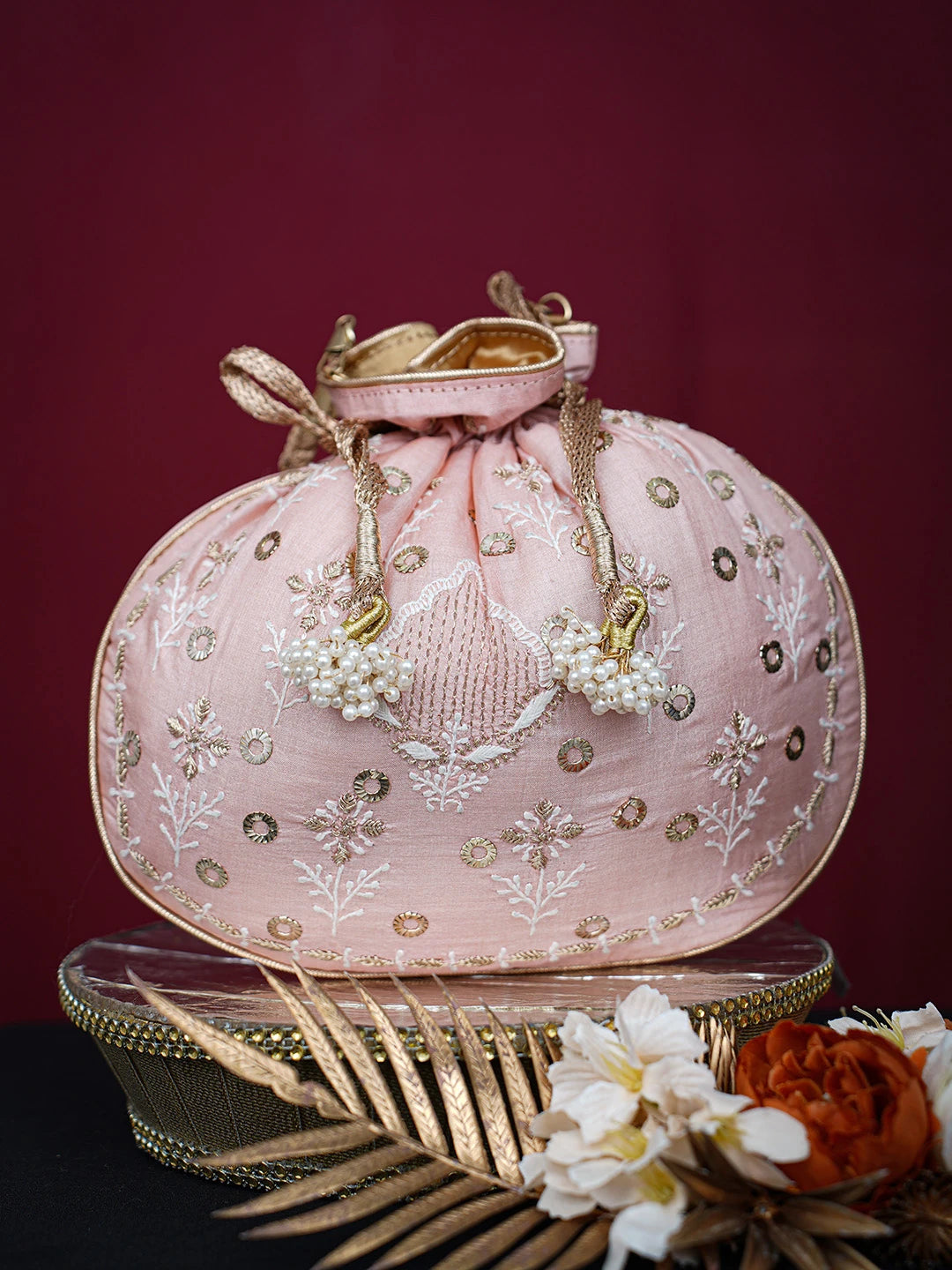 Ada Hand Embroidered Peach Silk Lucknowi Chikankari Potli Bag With Mukaish Work 01A725582