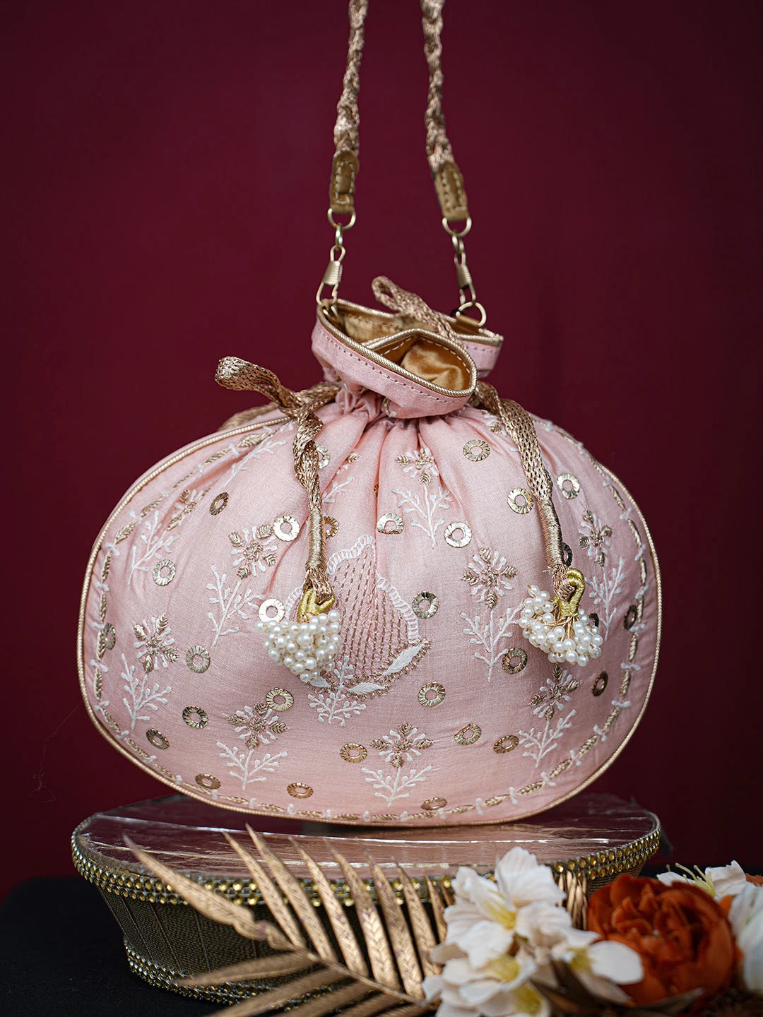 Ada Hand Embroidered Peach Silk Lucknowi Chikankari Potli Bag With Mukaish Work 01A725582