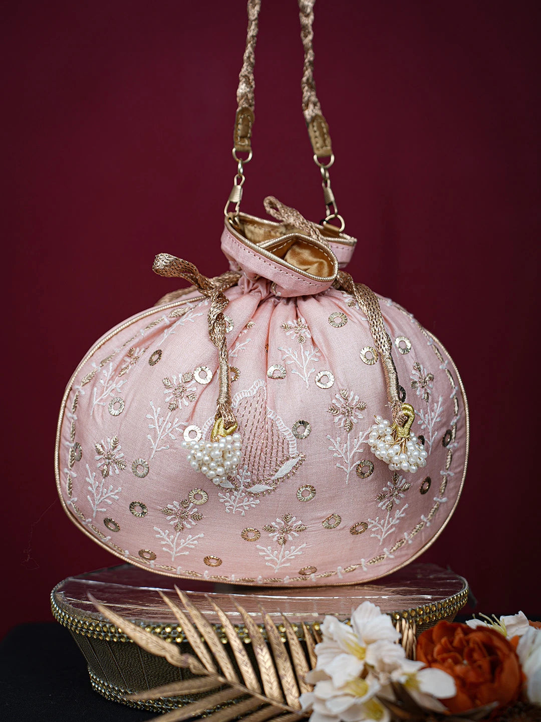 Ada Hand Embroidered Peach Silk Lucknowi Chikankari Potli Bag With Mukaish Work 01A725582