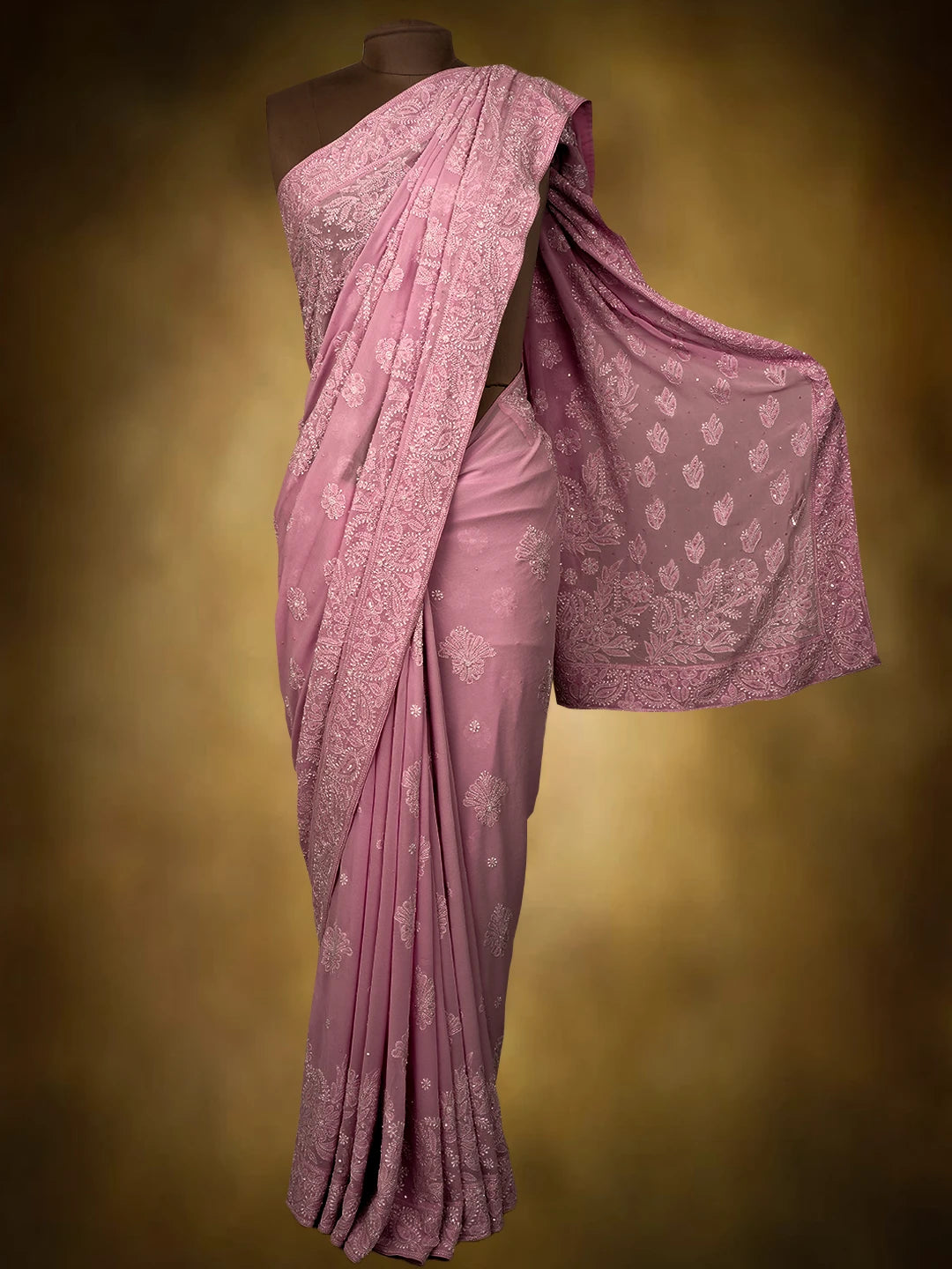 Ada Hand Embroidered Pink Pure Georgette Lucknowi Chikankari Saree and Blouse With Sequins Work 01A675525