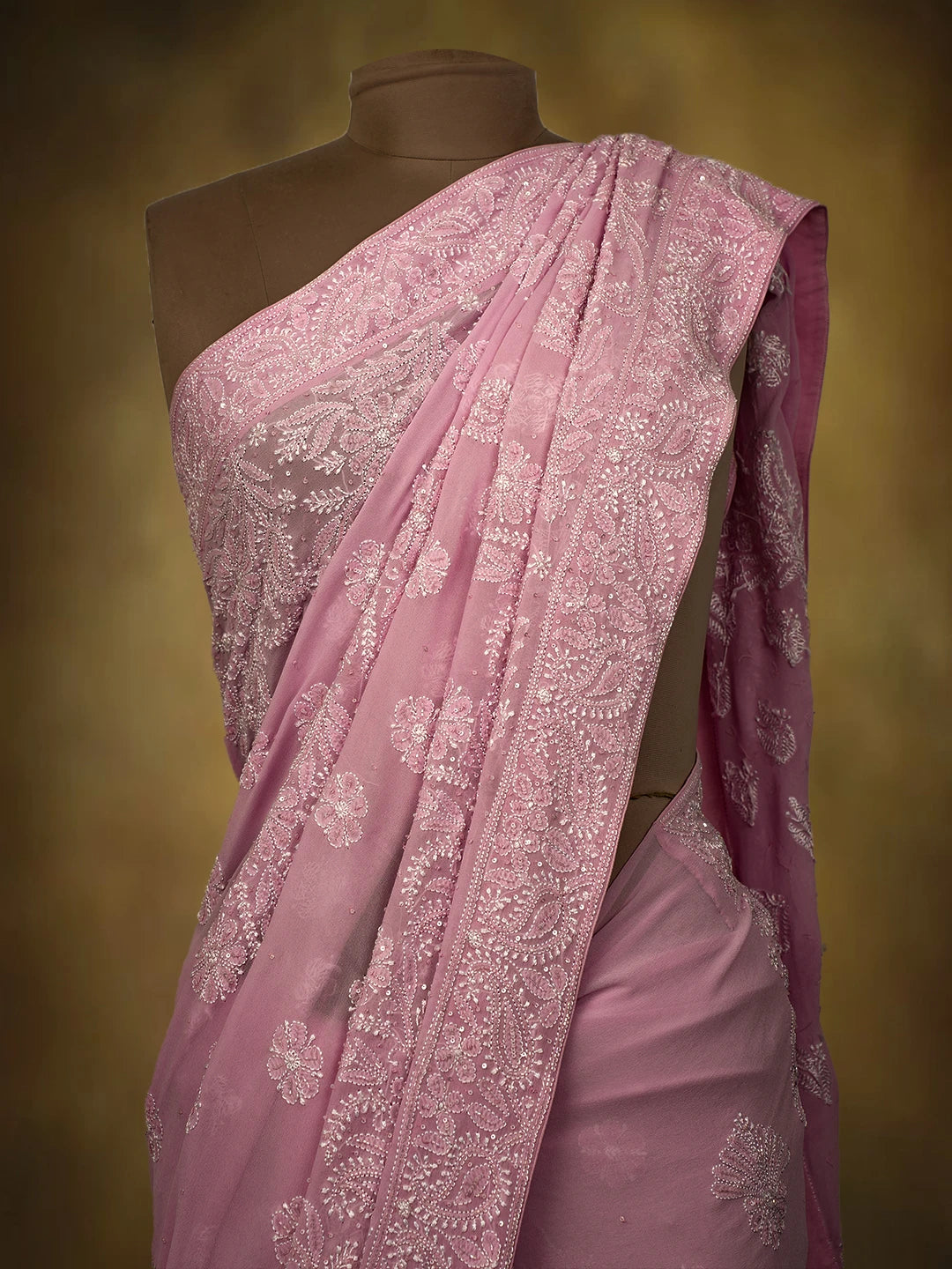 Ada Hand Embroidered Pink Pure Georgette Lucknowi Chikankari Saree and Blouse With Sequins Work 01A675525