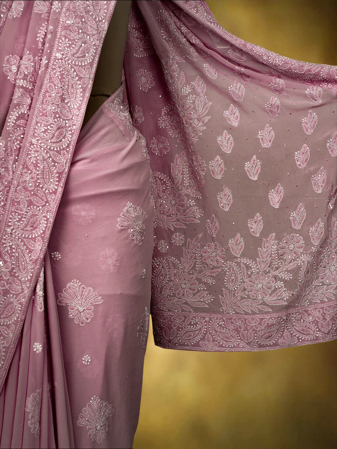 Ada Hand Embroidered Pink Pure Georgette Lucknowi Chikankari Saree and Blouse With Sequins Work 01A675525