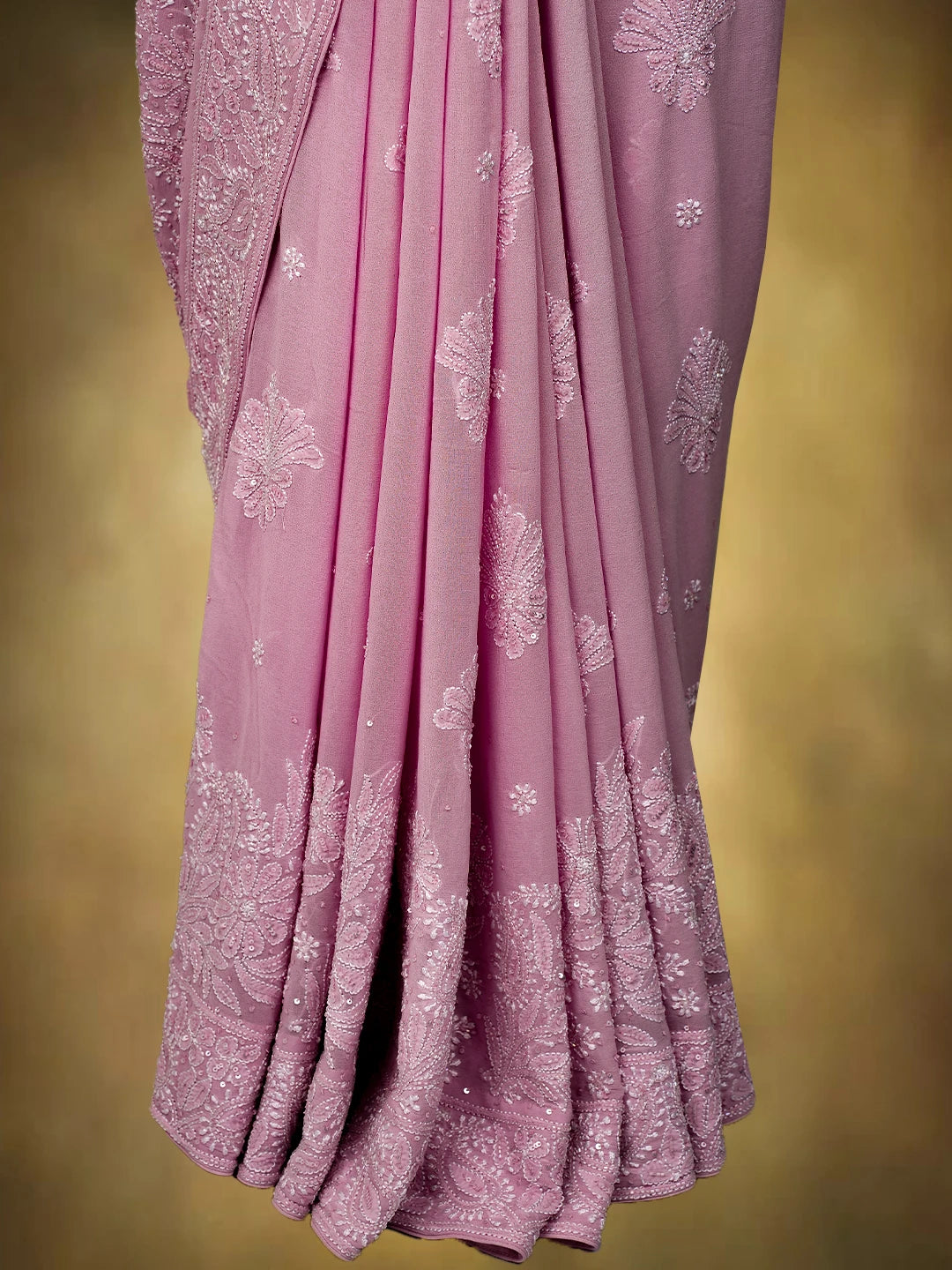 Ada Hand Embroidered Pink Pure Georgette Lucknowi Chikankari Saree and Blouse With Sequins Work 01A675525
