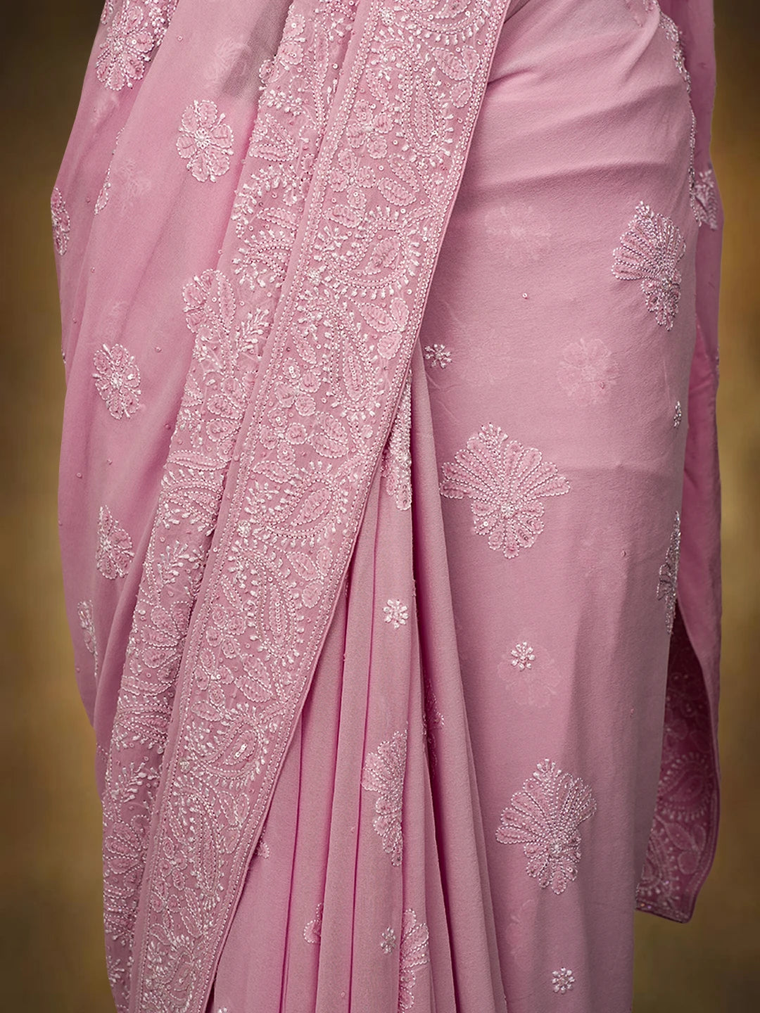 Ada Hand Embroidered Pink Pure Georgette Lucknowi Chikankari Saree and Blouse With Sequins Work 01A675525