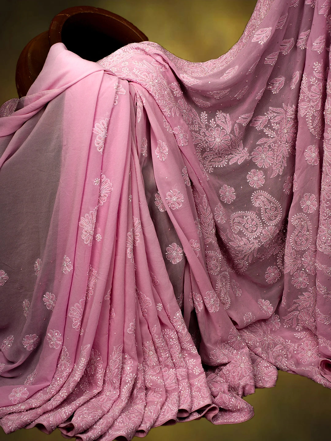 Ada Hand Embroidered Pink Pure Georgette Lucknowi Chikankari Saree and Blouse With Sequins Work 01A675525