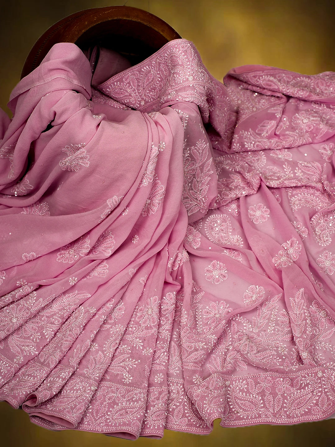 Ada Hand Embroidered Pink Pure Georgette Lucknowi Chikankari Saree and Blouse With Sequins Work 01A675525