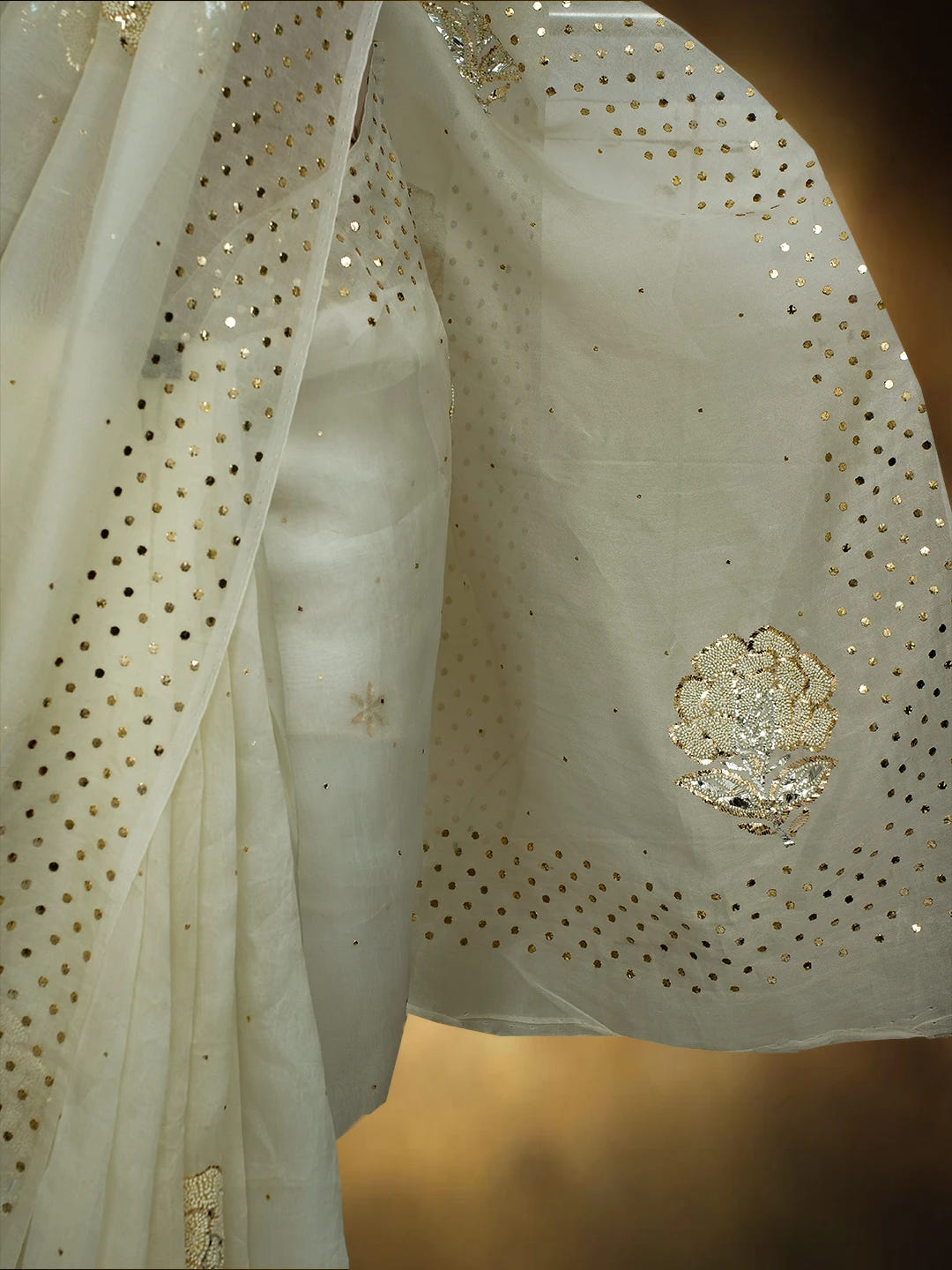 Ada Hand Embroidered Off White Organza Lucknowi Chikankari Saree and Blouse With Muqaish Work 01A723517